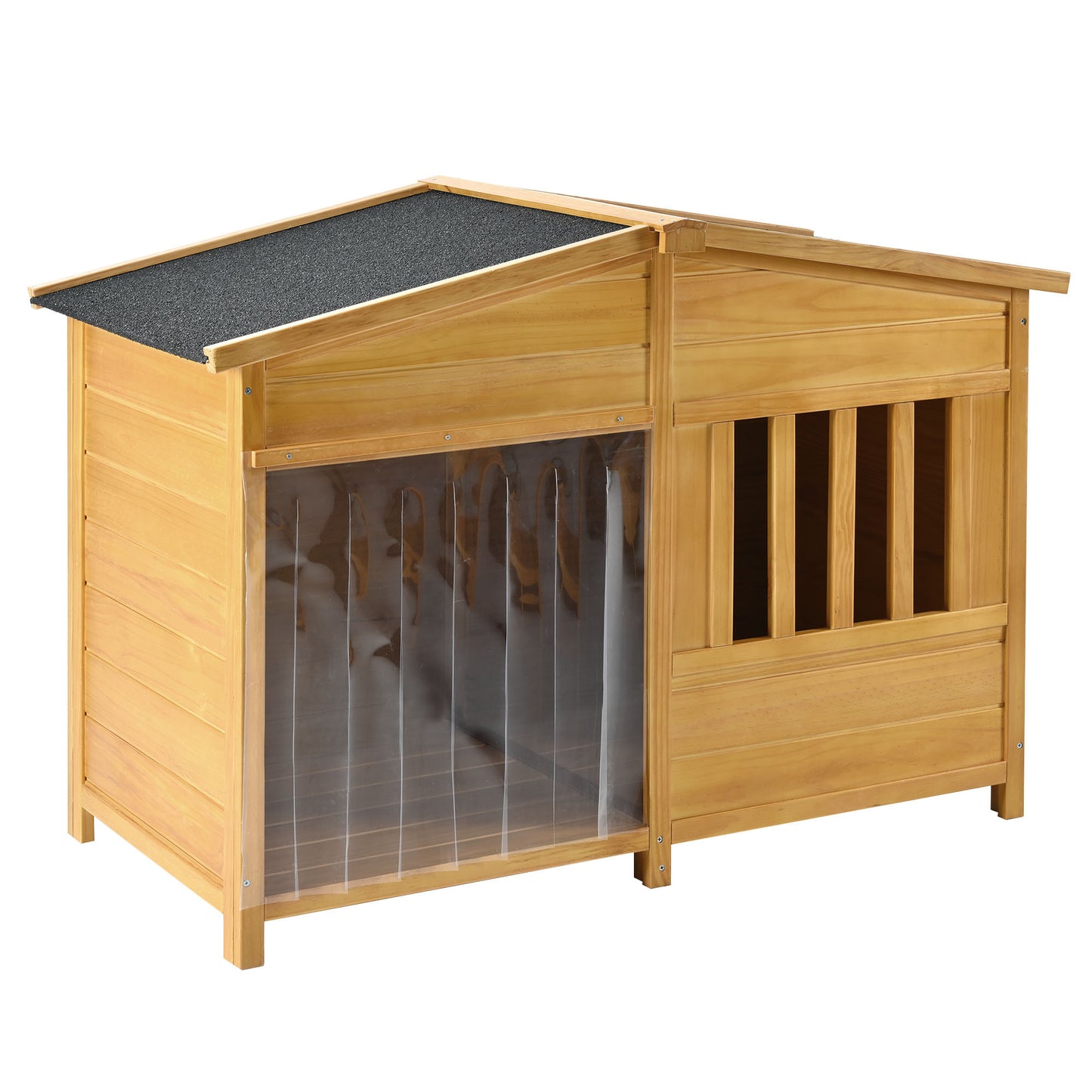 GO 47.2" Wooden Dog House, Outdoor & Indoor Dog Crate, Pet Kennel With Porch, Solid Wood, Weatherproof, Medium, Nature