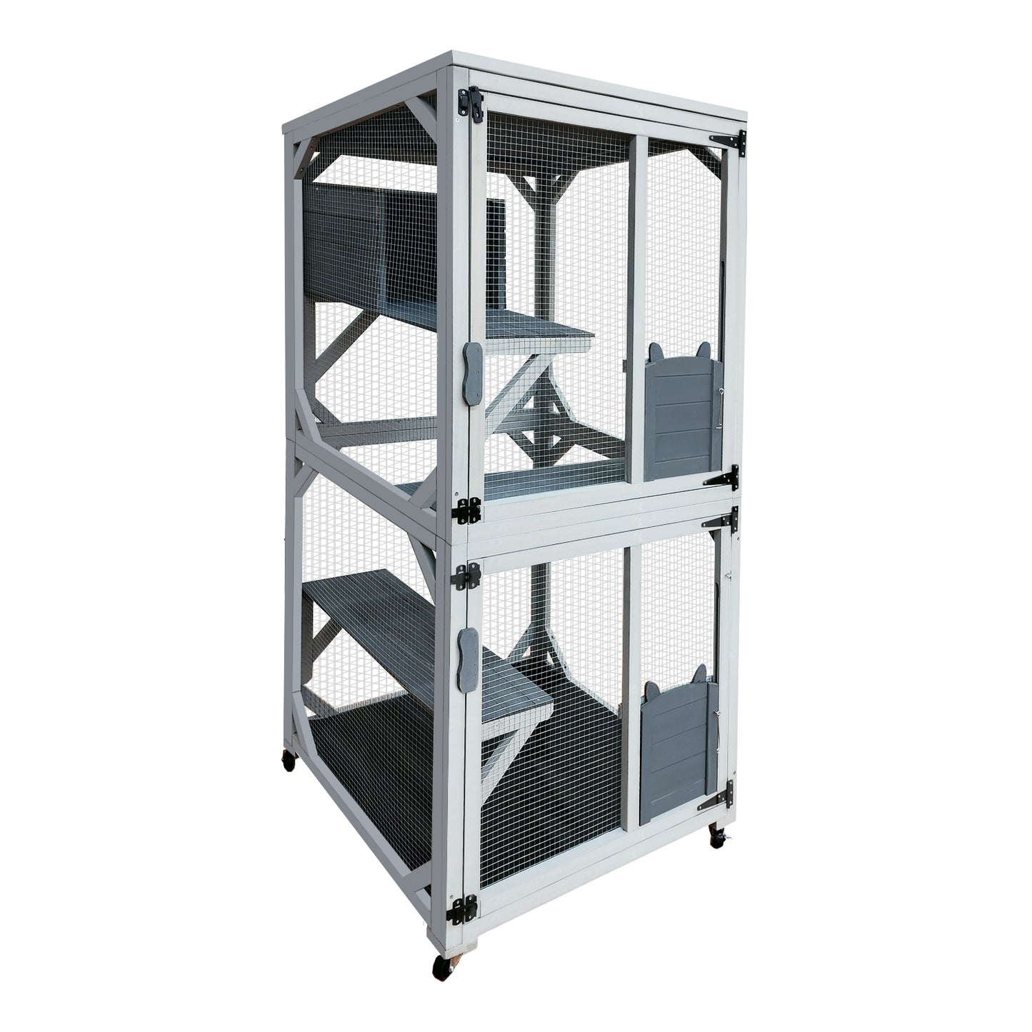 30.7" Wooden Catio Outdoor Cat Enclosure, Luxury Cat House on Wheels with Napping House, 4 Platforms & Weatherproof Asphalt Roof, Large Kitty Cat Condo Cage Shelter Playpen with Sliding Doors