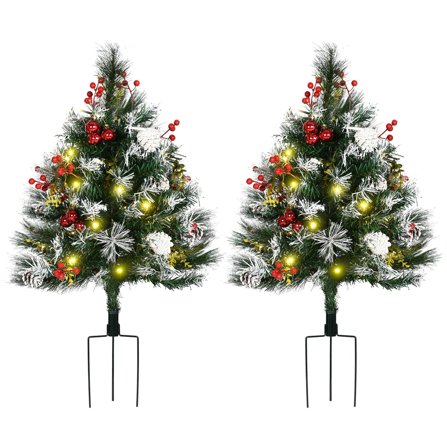 HOMCOM 2.5 Ft/30" 2 Pack Outdoor Entryway Pre-Lit Artificial Christmas Tree Cordless with 70 Branches, Warm White LED lights, Red Berries, Pine Cones, Balls, Green