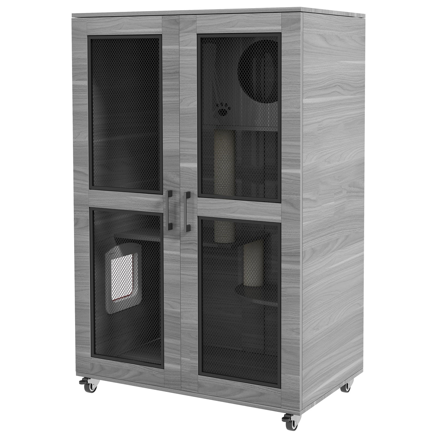 PawHut Luxury Cat House with Wheels, Kitty Cage Catio Villa for Indoor Cats with Scratching Posts, Condo, Flap Door, Cushion, Gray, 31.5" x 20" x 48.5"