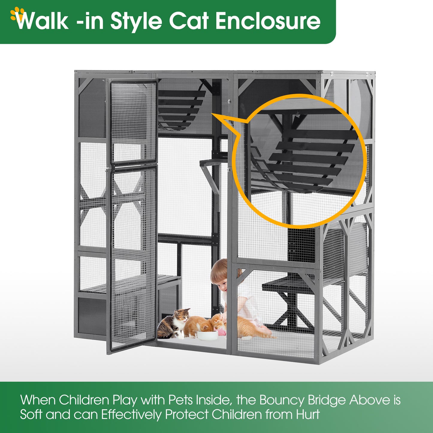 Outdoor Wooden Cat House Catio Enclosure with Super Large Enter Door Cat Kennel with Bouncy Bridge, Platforms and Small Houses Walk in Kitten Cage with Sunshine Board - L67.5'', Dark Grey