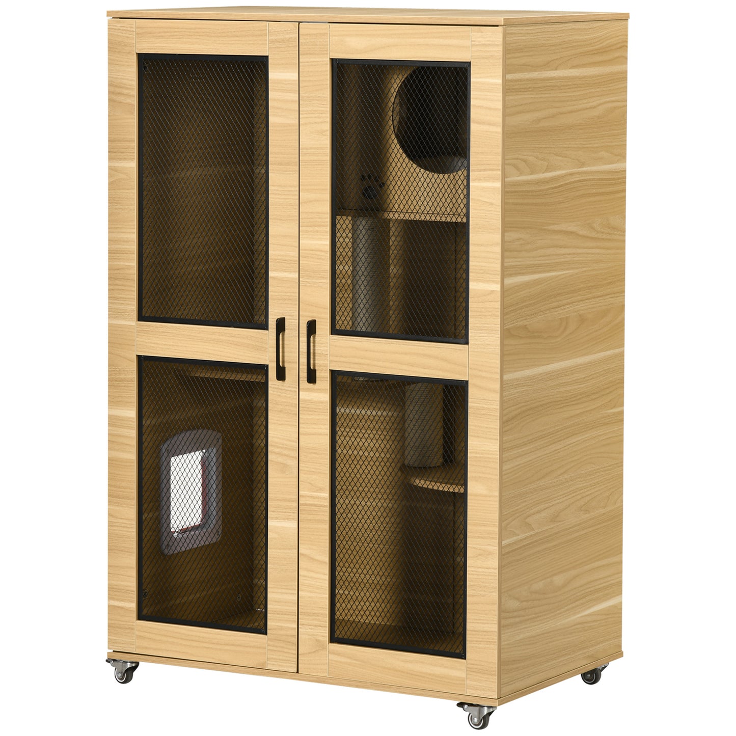 PawHut Luxury Cat House with Wheels, Kitty Cage Catio Villa for Indoor Cats with Scratching Posts, Condo, Flap Door, Cushion, Oak, 31.5" x 20" x 48.5"