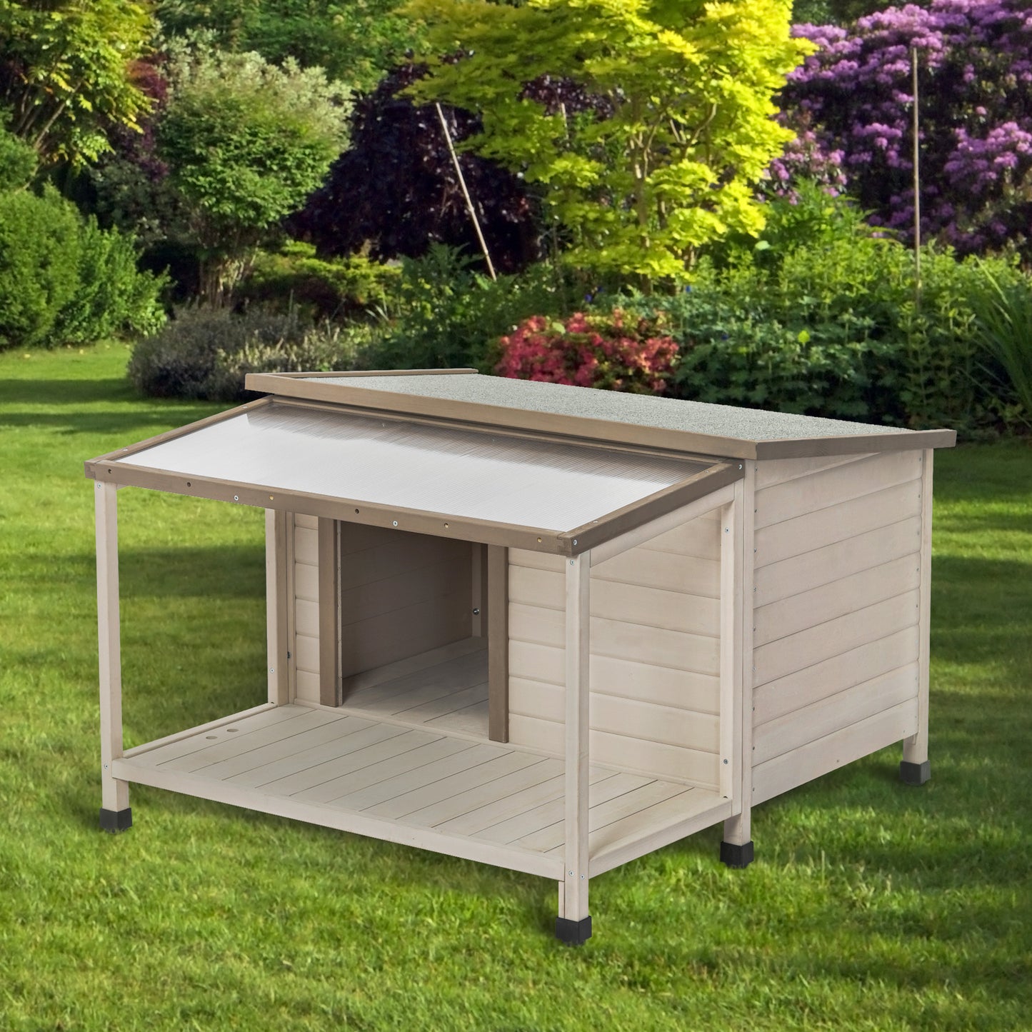 Outdoor fir wood dog house with an open roof ideal for medium to large dogs. Dog house with large terrace with clear roof.Weatherproof asphalt roof and treated wood.