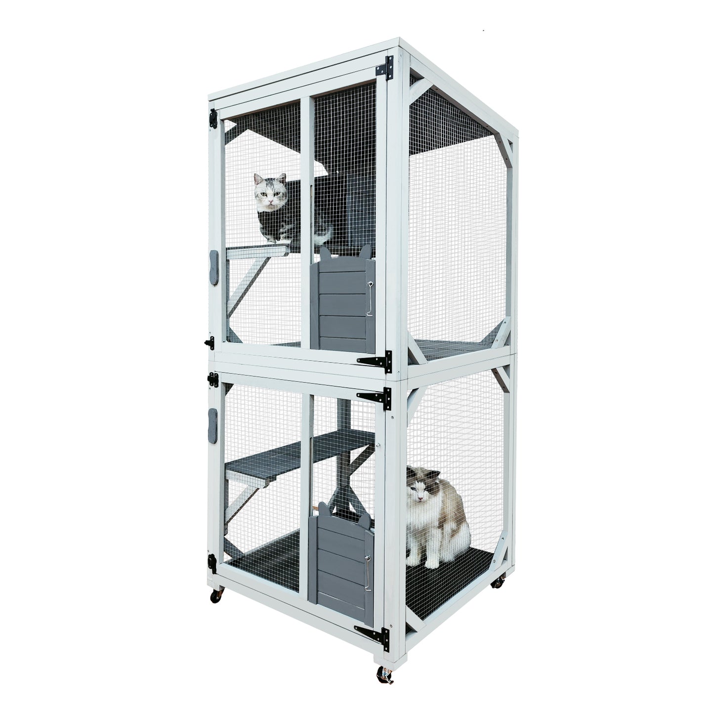 30.7" Wooden Catio Outdoor Cat Enclosure, Luxury Cat House on Wheels with Napping House, 4 Platforms & Weatherproof Asphalt Roof, Large Kitty Cat Condo Cage Shelter Playpen with Sliding Doors