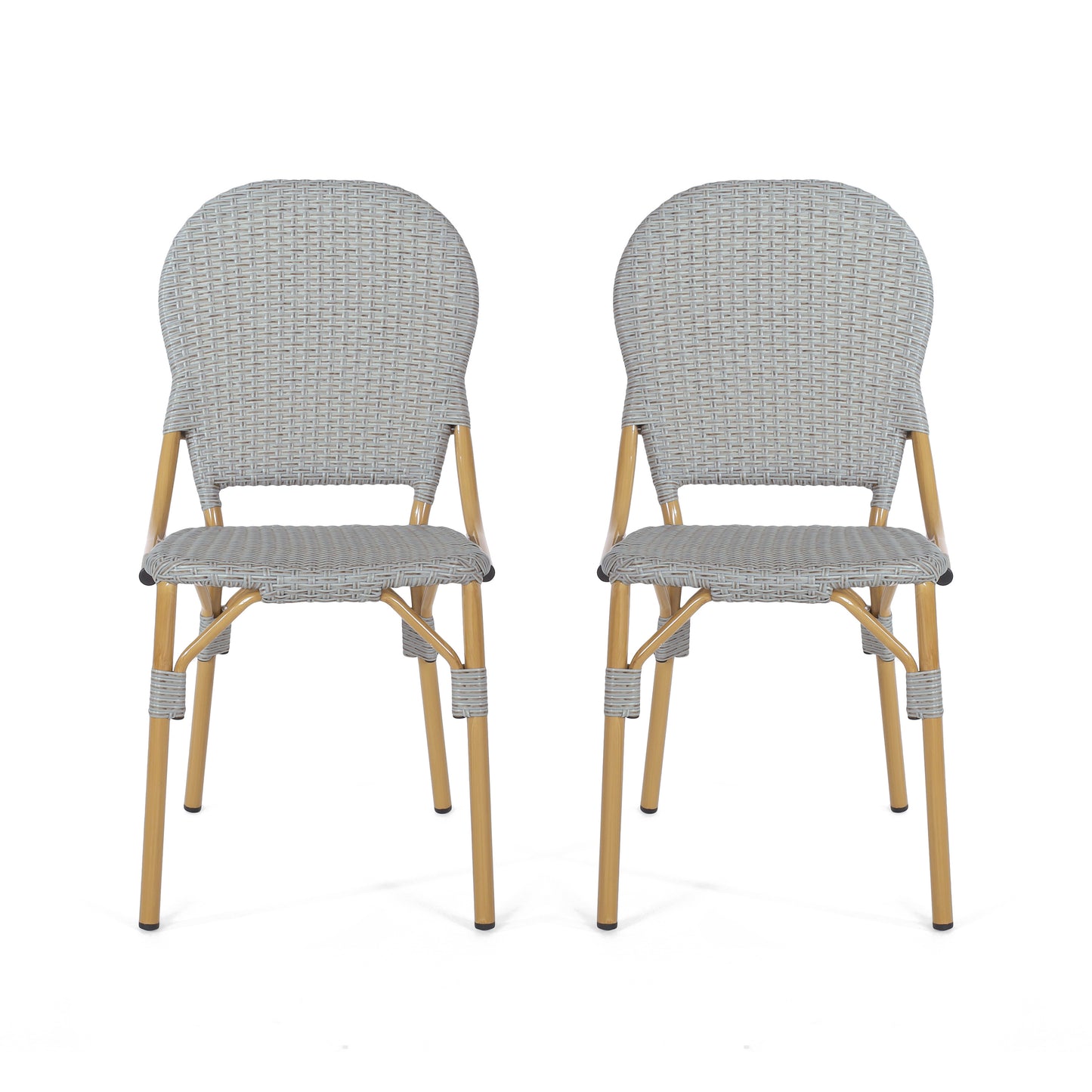 Outdoor PE Rattan and Aluminum Armless French Bistro Chairs, Set of 2, Gray and Bamboo Finish