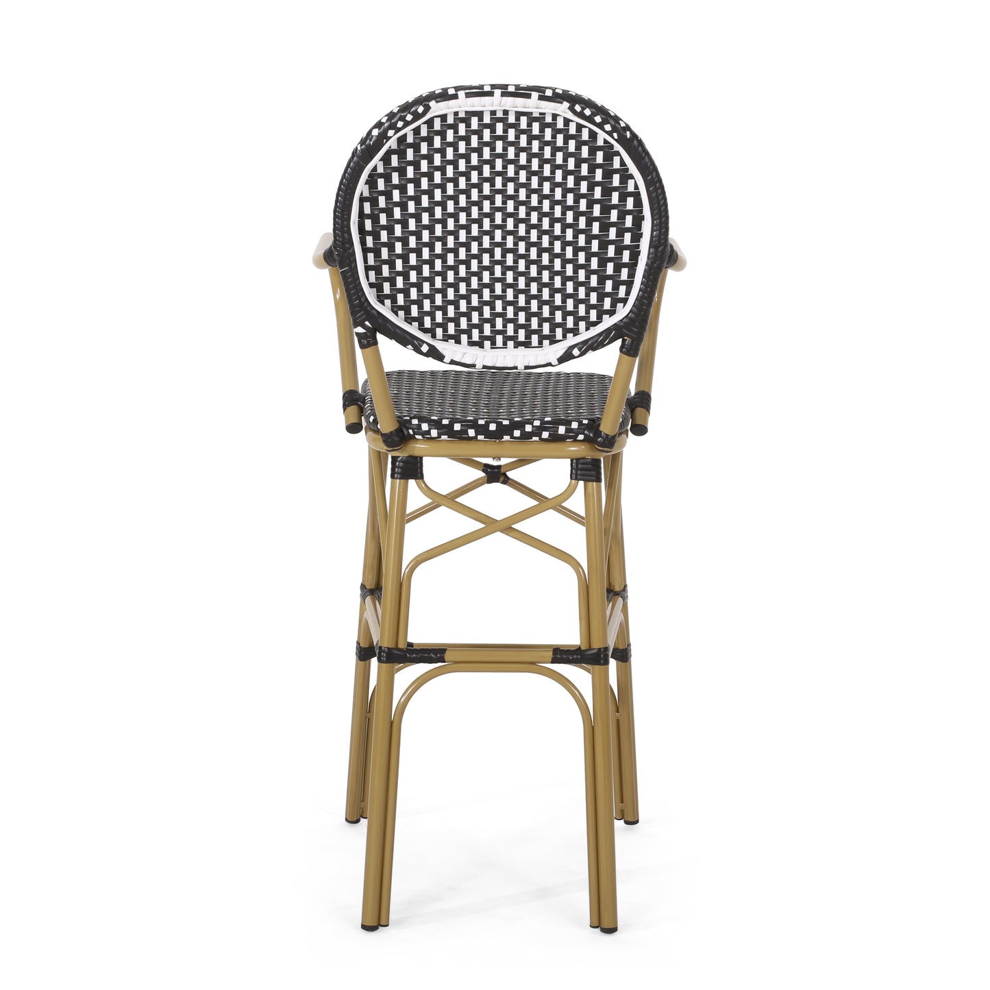 Outdoor Wicker and Aluminum 29.5" French Barstools, Set of 2, Black, Bamboo Print Finish