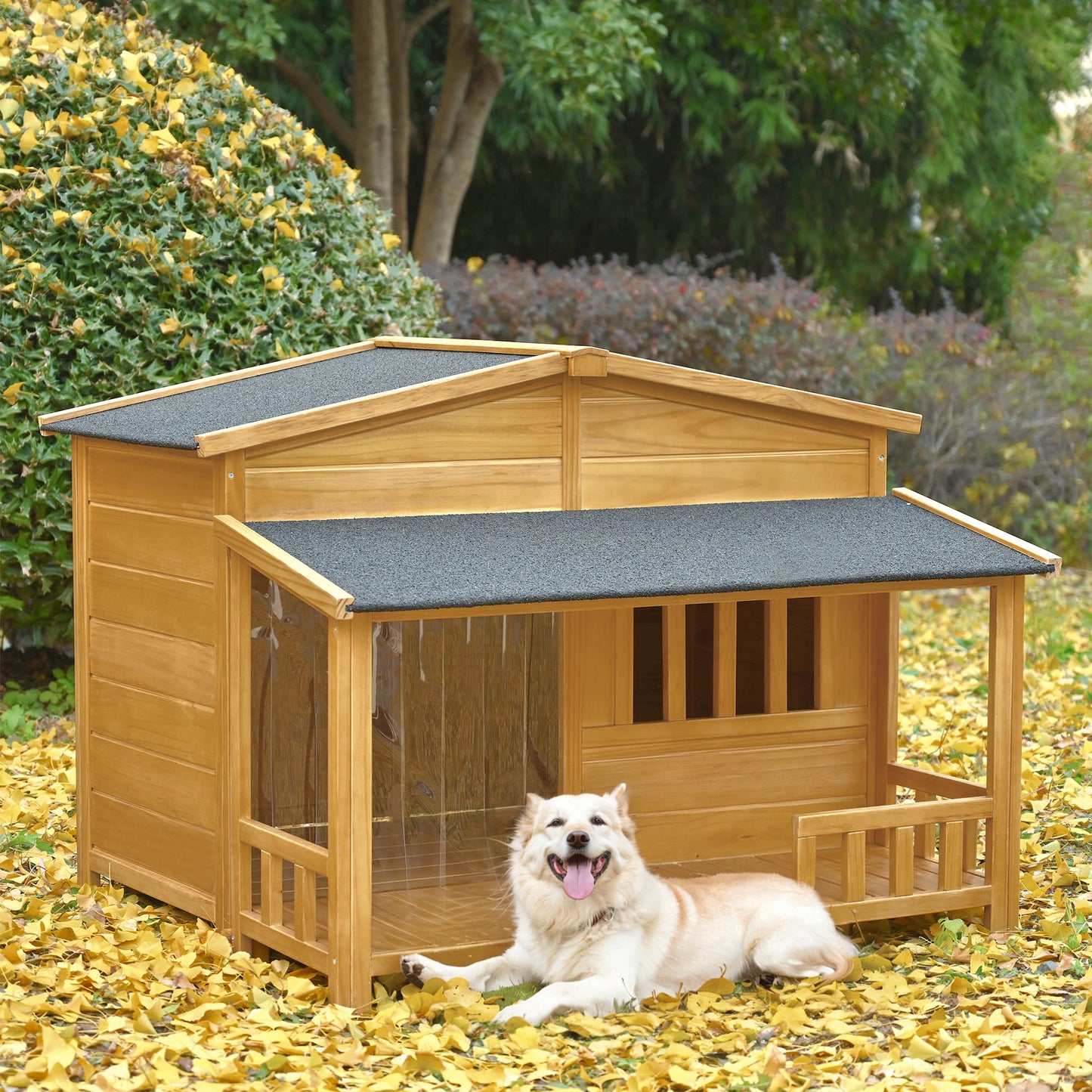 GO 47.2" Wooden Dog House, Outdoor & Indoor Dog Crate, Pet Kennel With Porch, Solid Wood, Weatherproof, Medium, Nature
