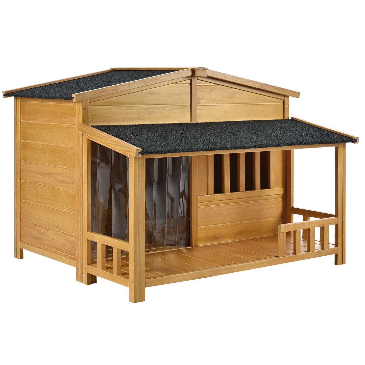 GO 47.2" Wooden Dog House, Outdoor & Indoor Dog Crate, Pet Kennel With Porch, Solid Wood, Weatherproof, Medium, Nature