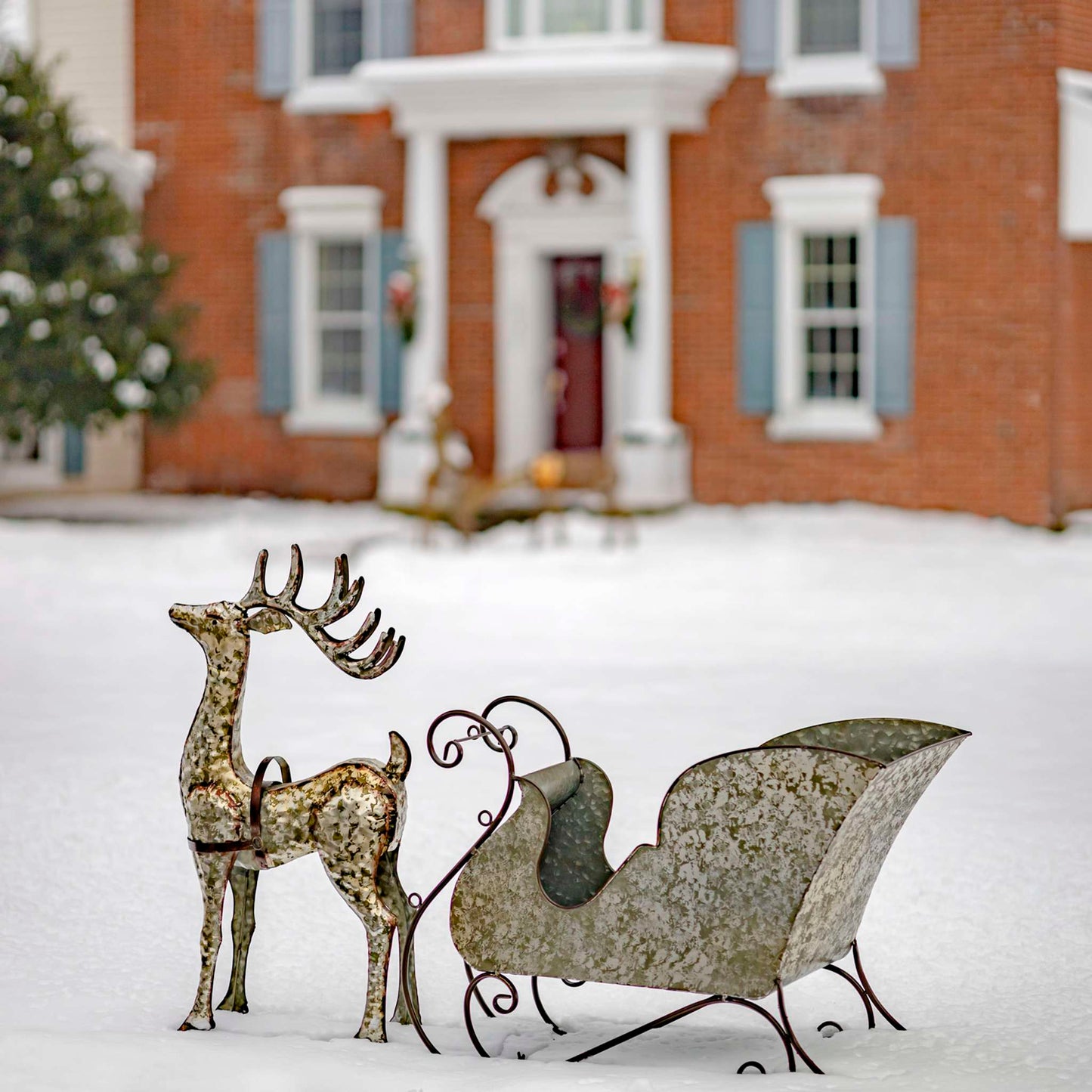 Christmas Large Galvanized Reindeer and Sleigh Decoration
