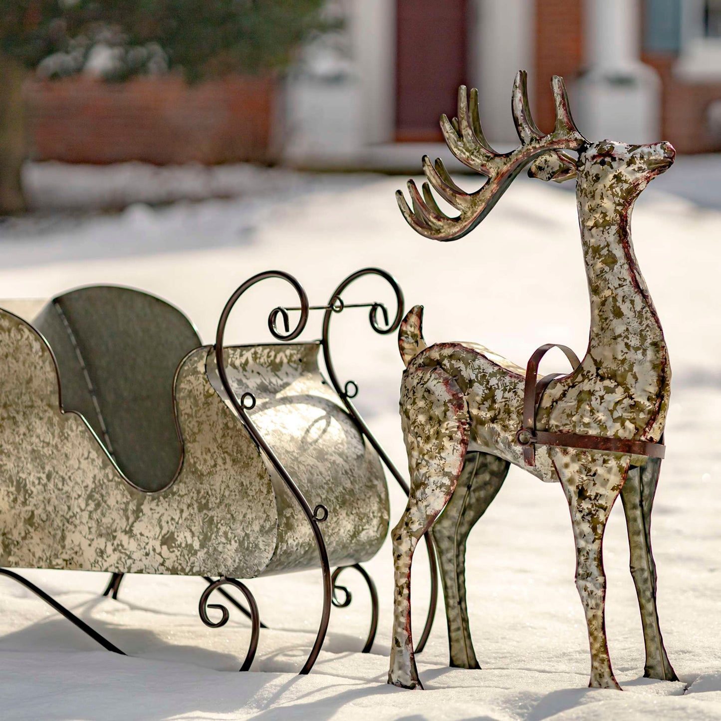 Christmas Large Galvanized Reindeer and Sleigh Decoration