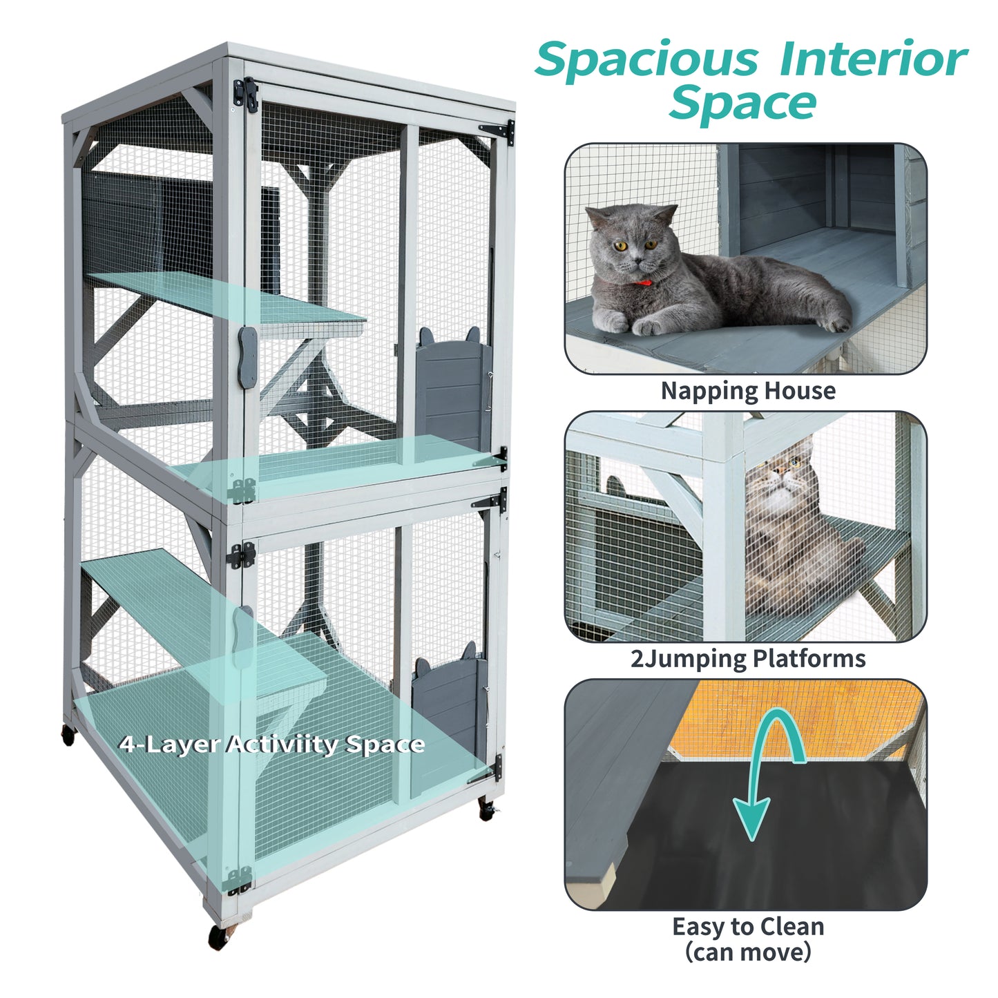 30.7" Wooden Catio Outdoor Cat Enclosure, Luxury Cat House on Wheels with Napping House, 4 Platforms & Weatherproof Asphalt Roof, Large Kitty Cat Condo Cage Shelter Playpen with Sliding Doors