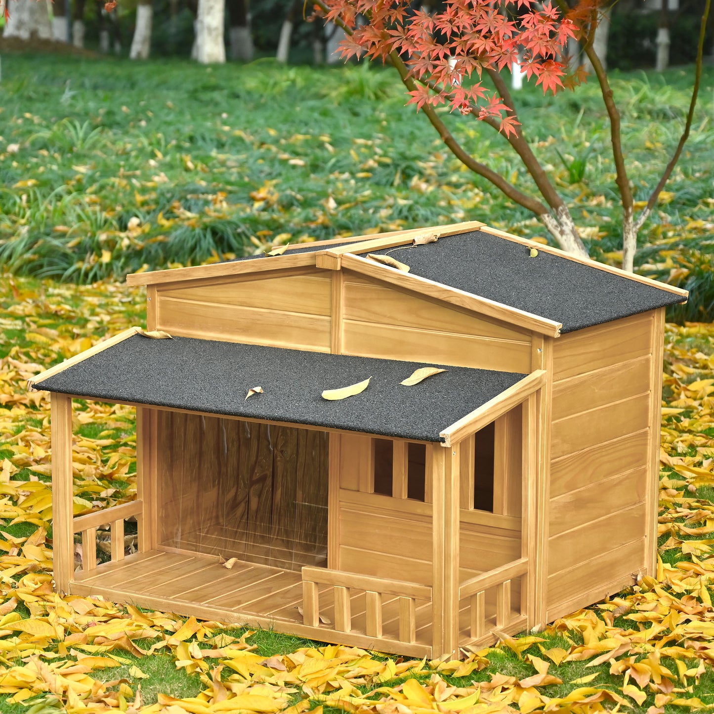 GO 47.2" Wooden Dog House, Outdoor & Indoor Dog Crate, Pet Kennel With Porch, Solid Wood, Weatherproof, Medium, Nature