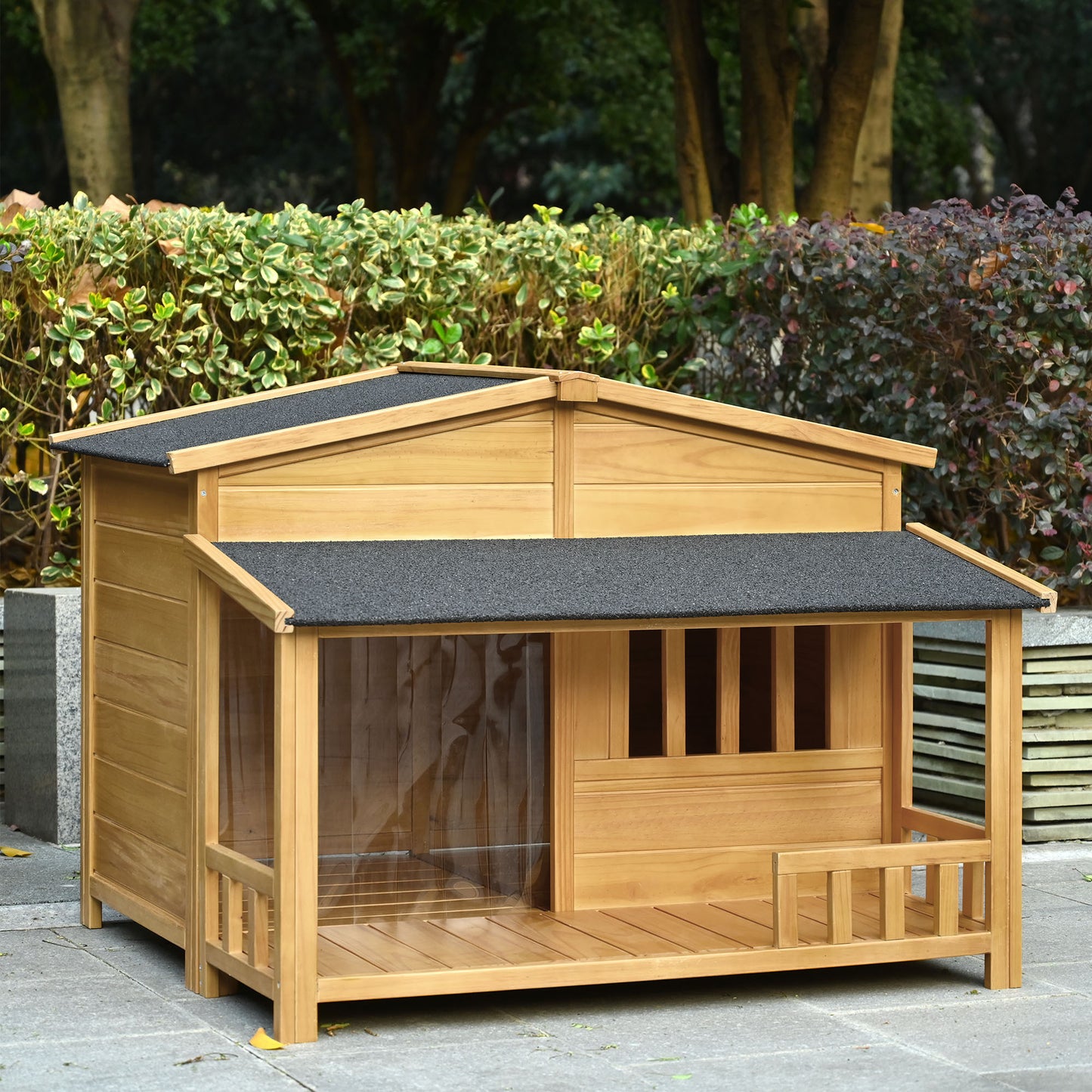 GO 47.2" Wooden Dog House, Outdoor & Indoor Dog Crate, Pet Kennel With Porch, Solid Wood, Weatherproof, Medium, Nature