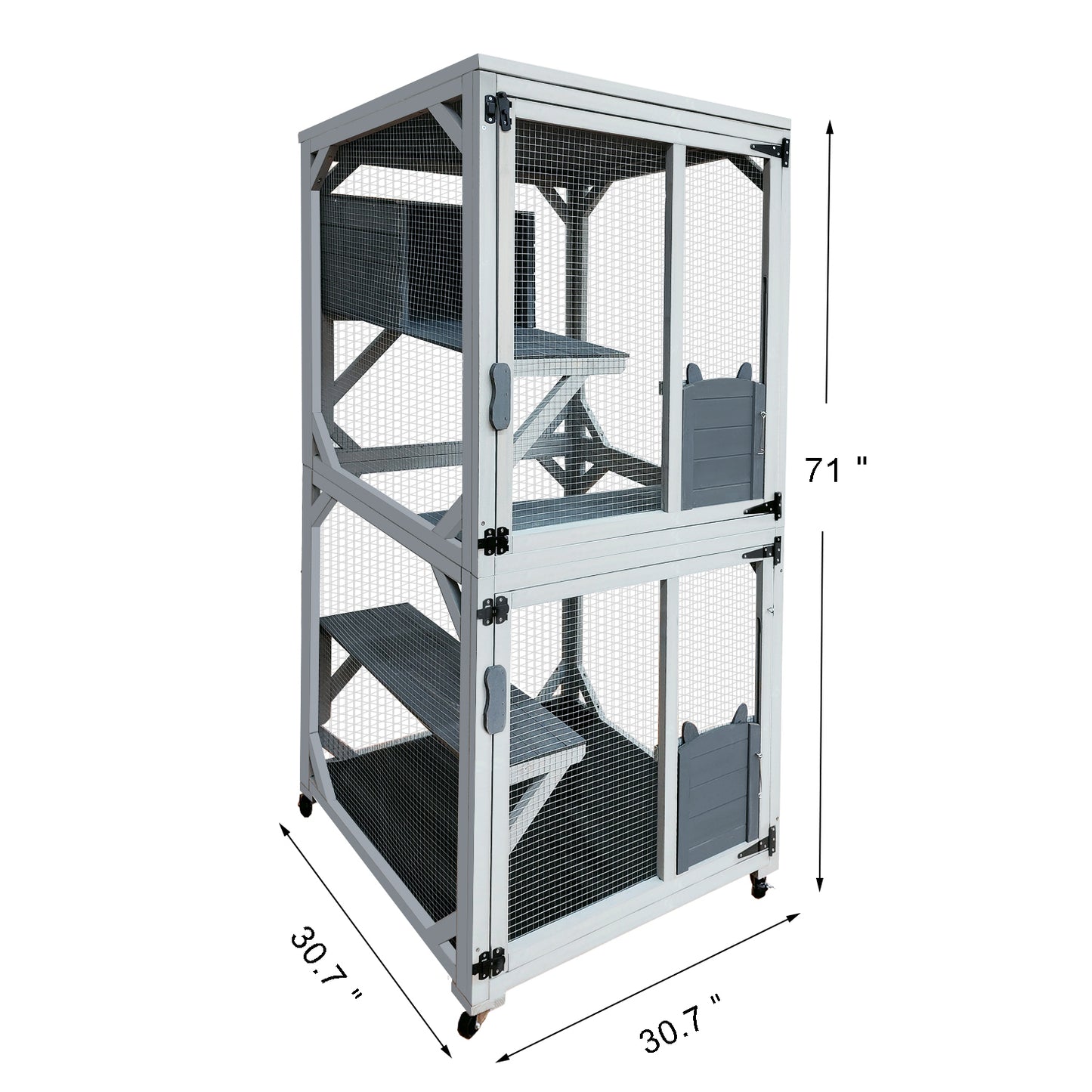 30.7" Wooden Catio Outdoor Cat Enclosure, Luxury Cat House on Wheels with Napping House, 4 Platforms & Weatherproof Asphalt Roof, Large Kitty Cat Condo Cage Shelter Playpen with Sliding Doors
