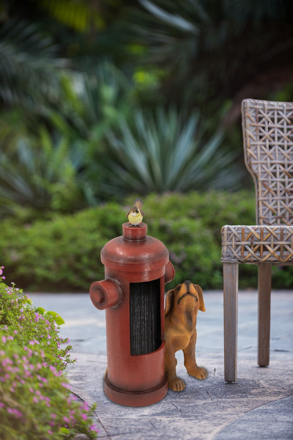 16.2x11x26.8" Red Fire Hydrant Water Fountain with Dog and Bird Accents, Outdoor Fountain with Light and Pump