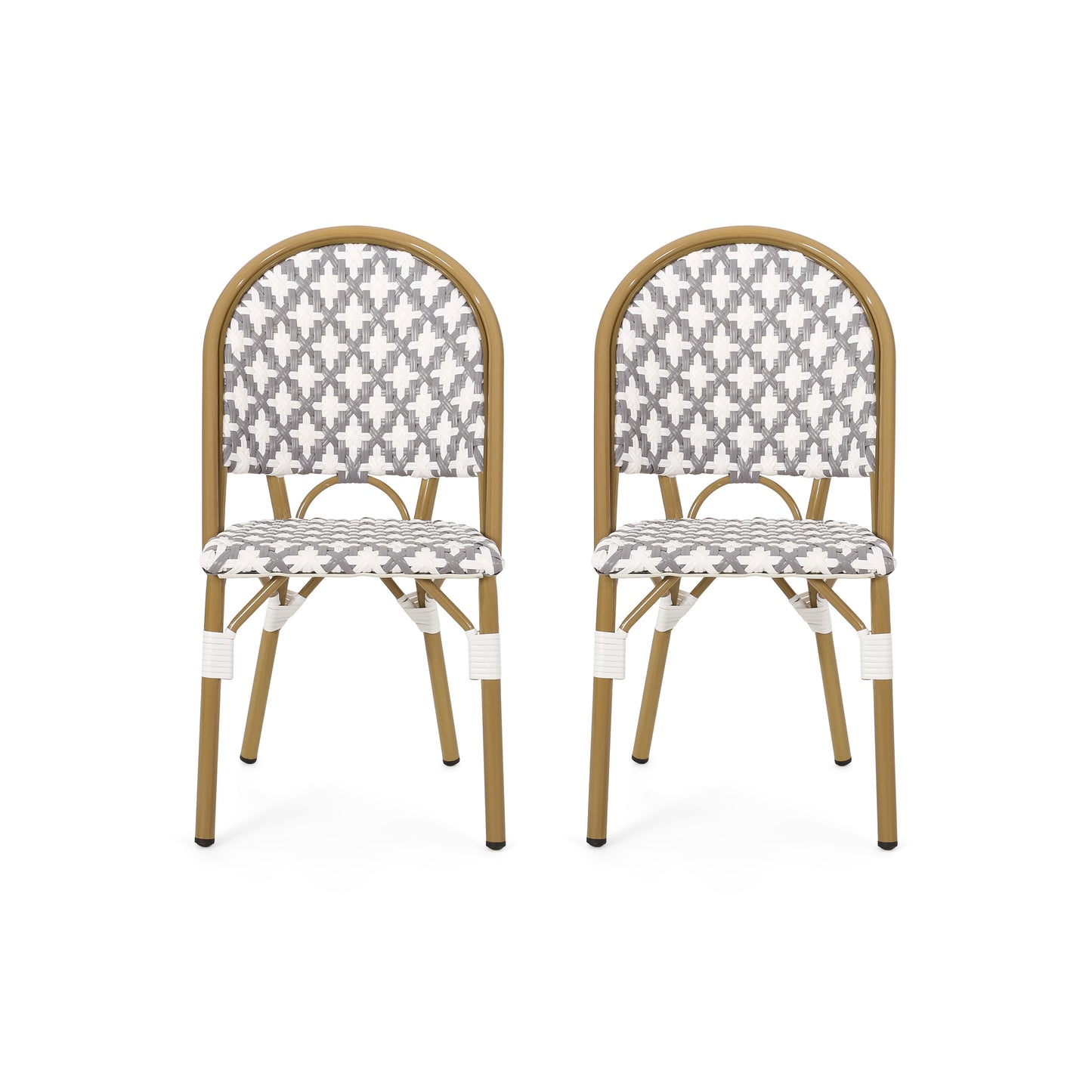 Outdoor PE Rattan and Aluminum French Bistro Chairs, Set of 2, Gray & White, and Bamboo Finish