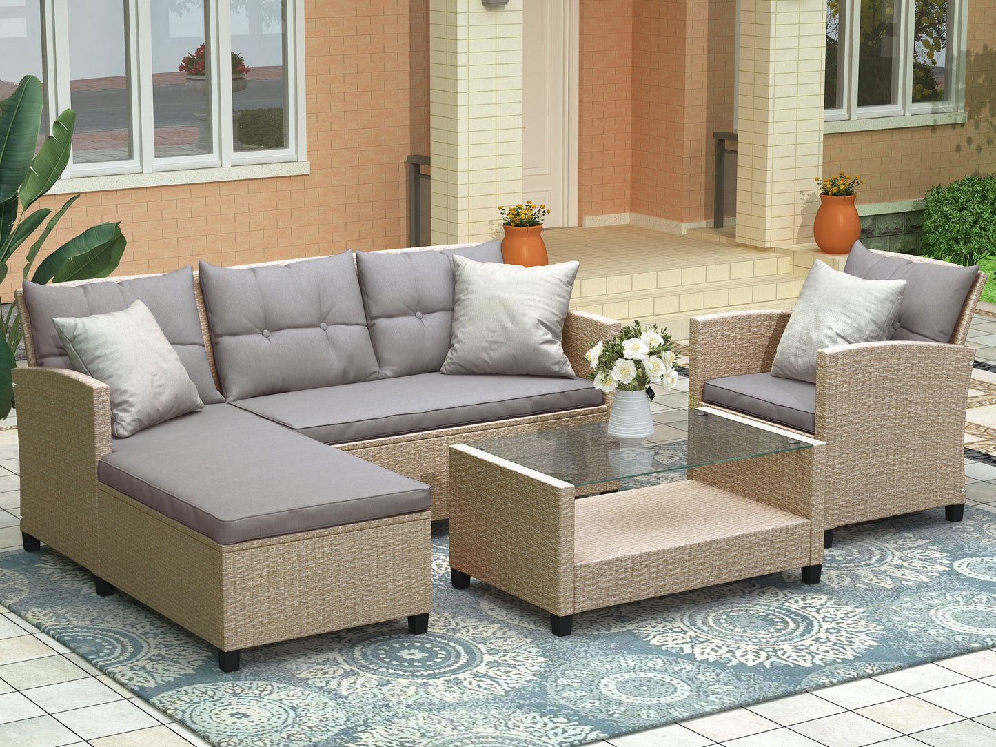 Outdoor, Patio Furniture Sets, 4 Piece Conversation Set Wicker Ratten