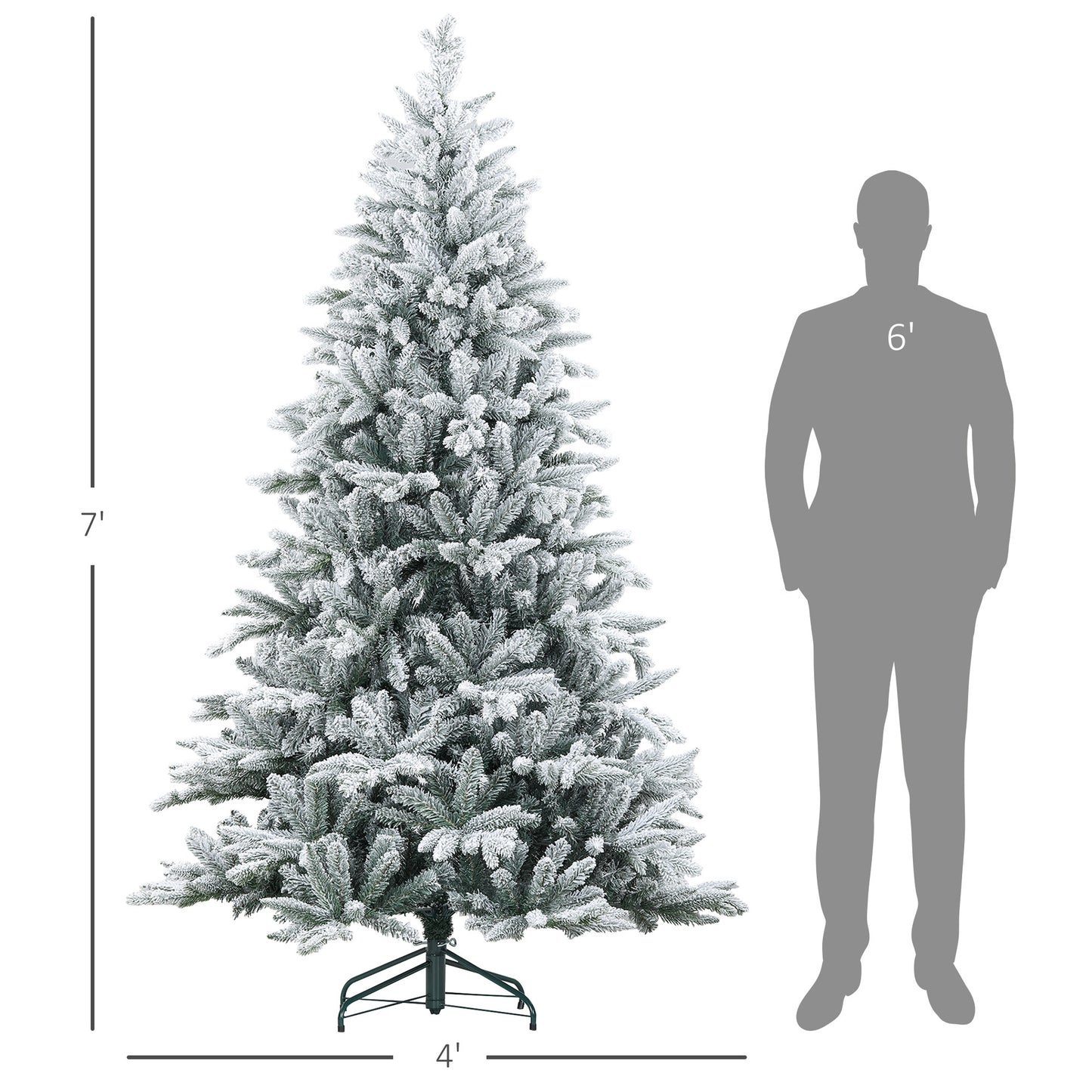 HOMCOM 7ft Snow Flocked Artificial Christmas Tree with 1401 Tips, Foldable Metal Stand, Easy Assembly, Hinged Xmas Tree for Home, Office, Holiday, Green