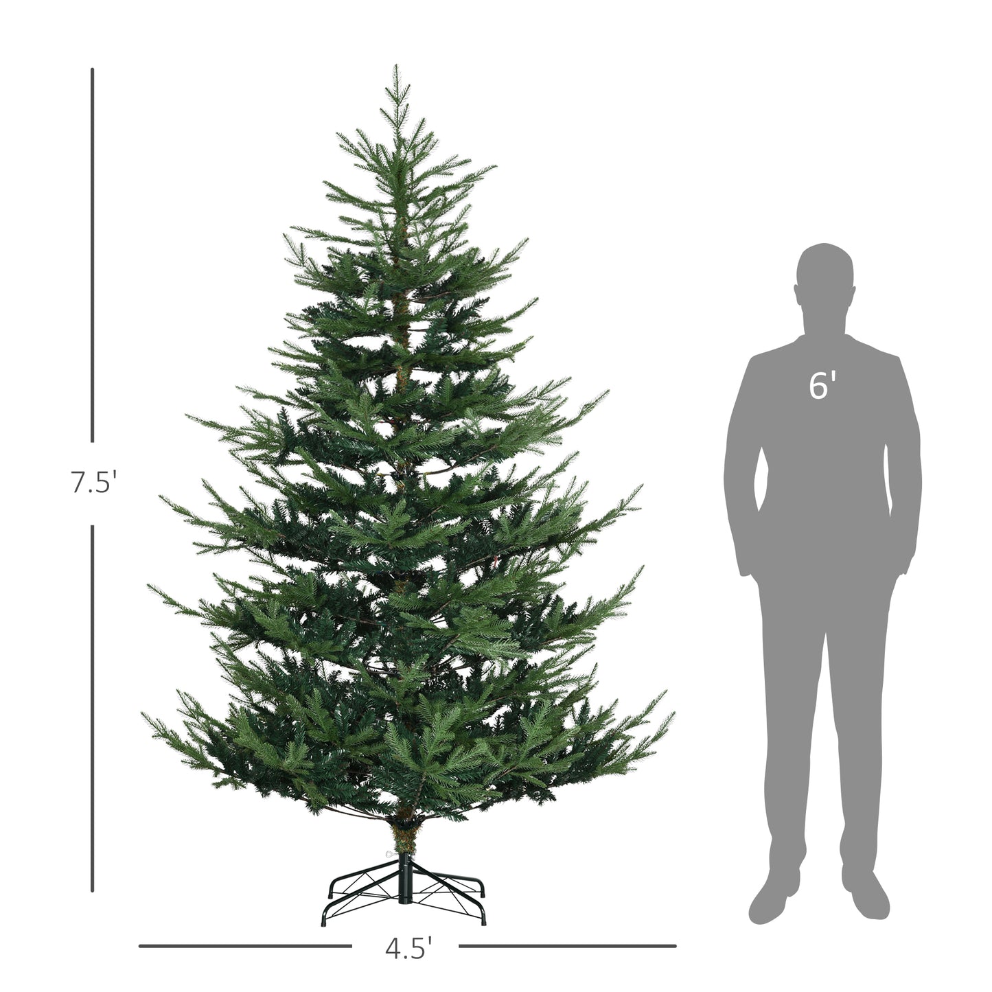 HOMCOM 7.5 Foot Artificial Christmas Tree, Pine Hinged Xmas Tree with 1218 Realistic Branches, Steel Base, Auto Open, Green