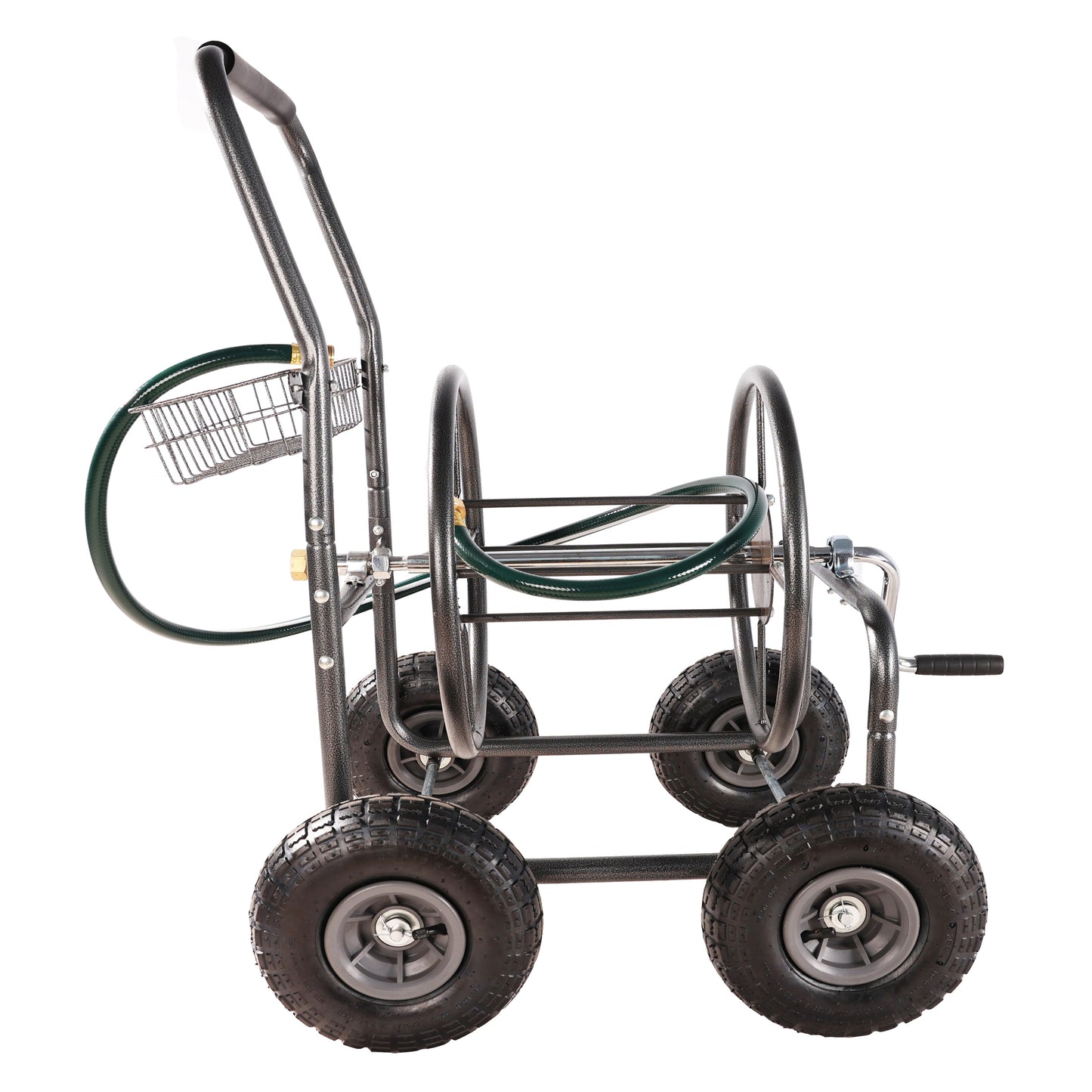 Garden Hose Reel Cart - 4 Wheels Portable Garden Hose Reel Cart with Storage Basket Rust Resistant Heavy Duty Water Hose Holder