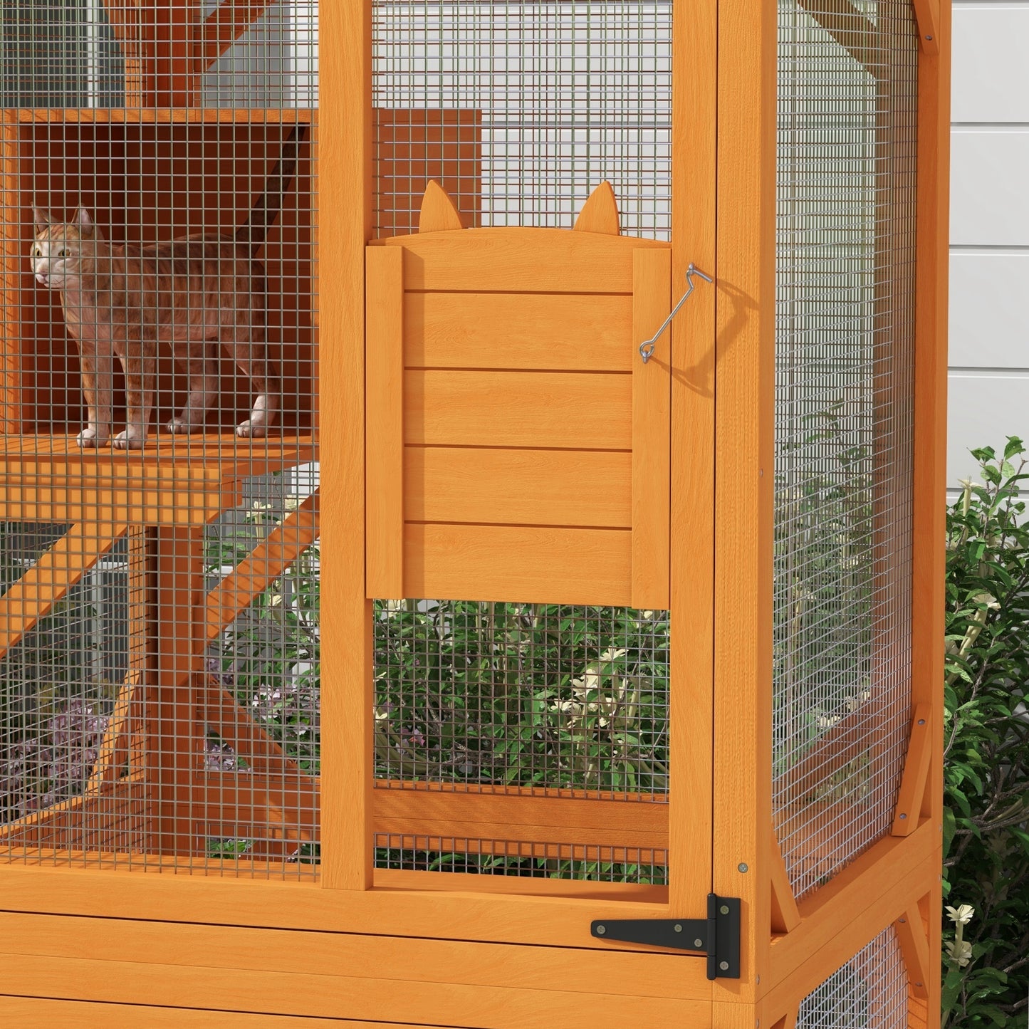 PawHut Large Cat House with High-Up Resting Box, 71" Wooden Catio with Asphalt Roof, Indoor & Outdoor Cat Enclosure on Wheels, for 1-3 Cats, Orange