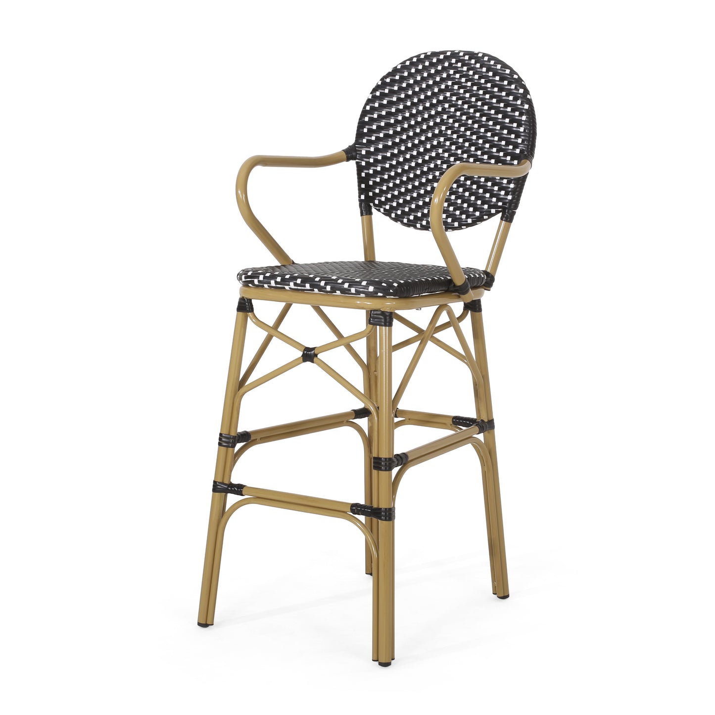 Outdoor Wicker and Aluminum 29.5" French Barstools, Set of 2, Black, Bamboo Print Finish