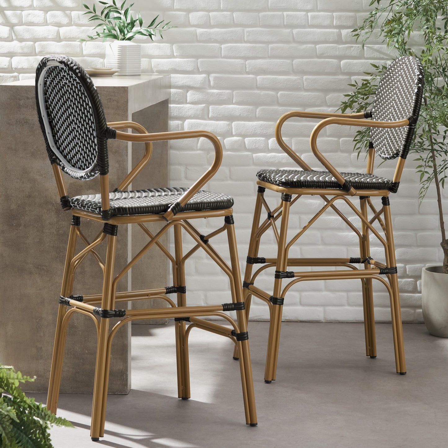 Outdoor Wicker and Aluminum 29.5" French Barstools, Set of 2, Black, Bamboo Print Finish