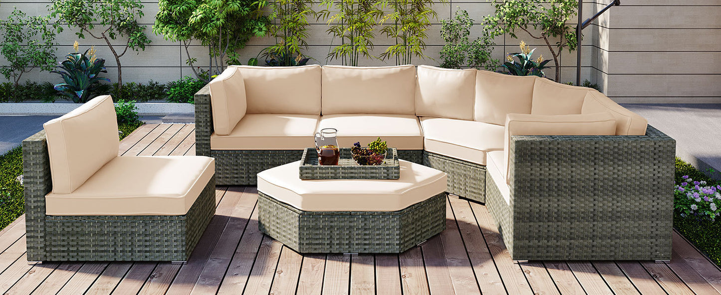 U-style Patio Furniture Set, 6 Piece Outdoor Conversation Set All Weather Wicker Sectional Sofa with Ottoman and Cushions and Small Trays