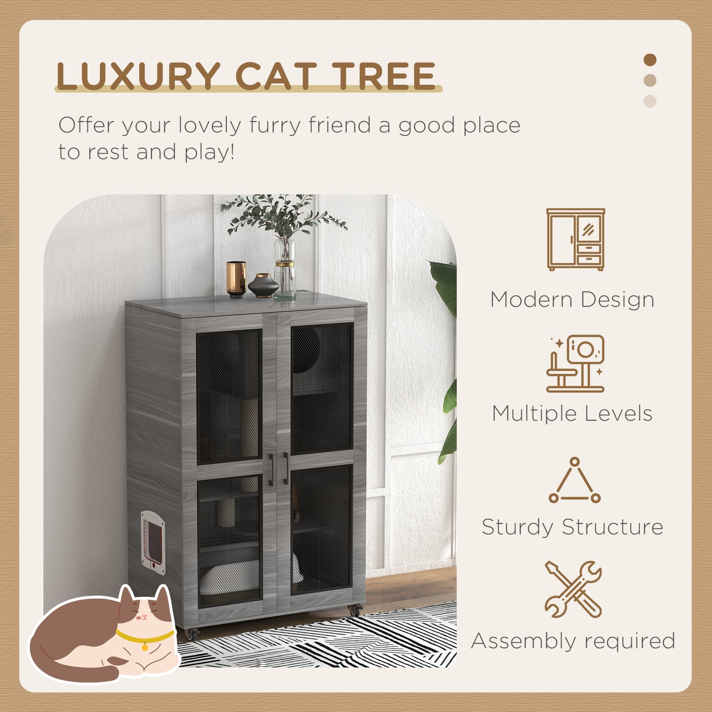 PawHut Luxury Cat House with Wheels,  Kitty Cage Catio Villa for Indoor Cats with Scratching Posts, Condo, Flap Door, Cushion, Gray, 31.5" x 20" x 48.5"