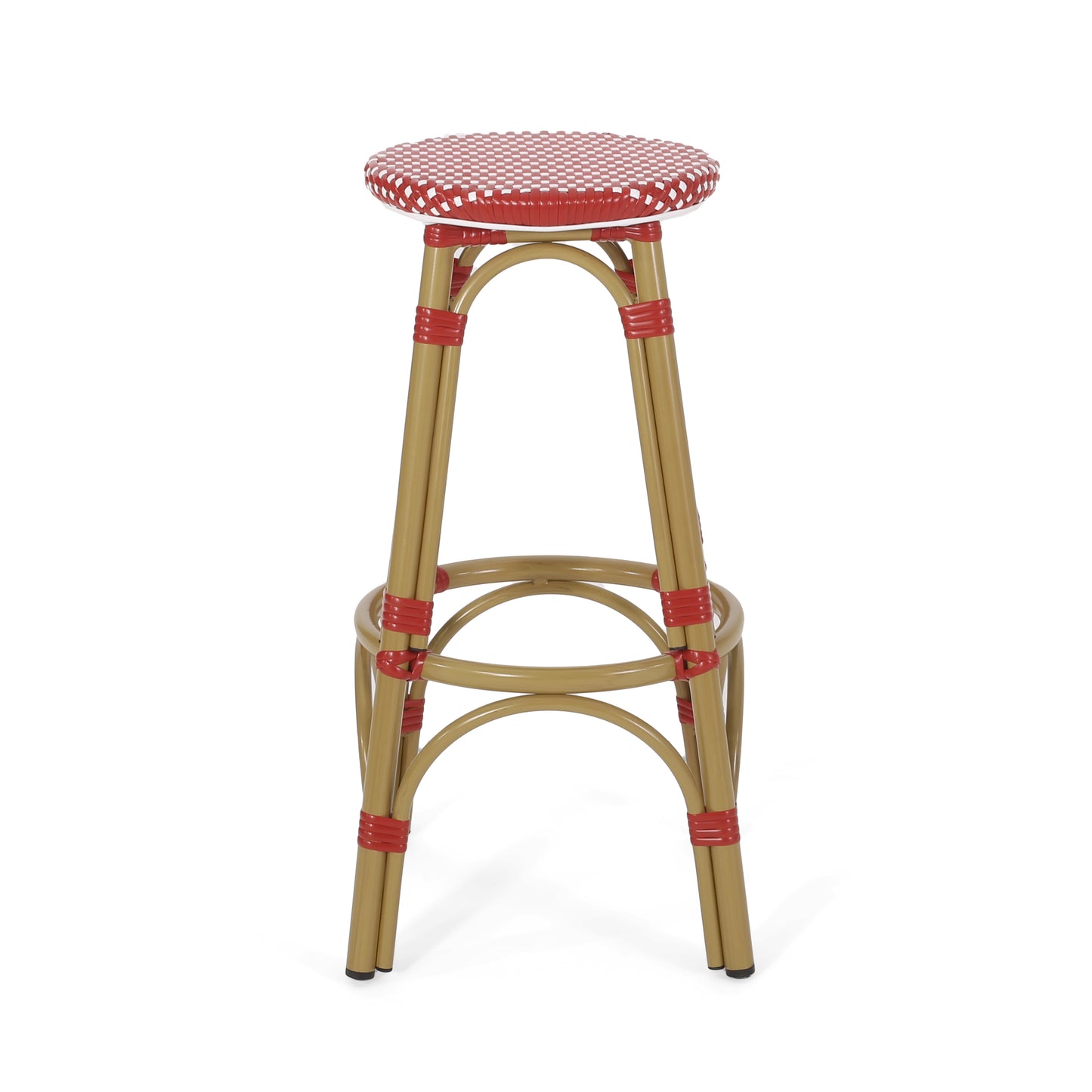 Outdoor PE Ratten and Aluminum 29.5" French Backless Barstools, Set of 2, Red, Bamboo Print Finish