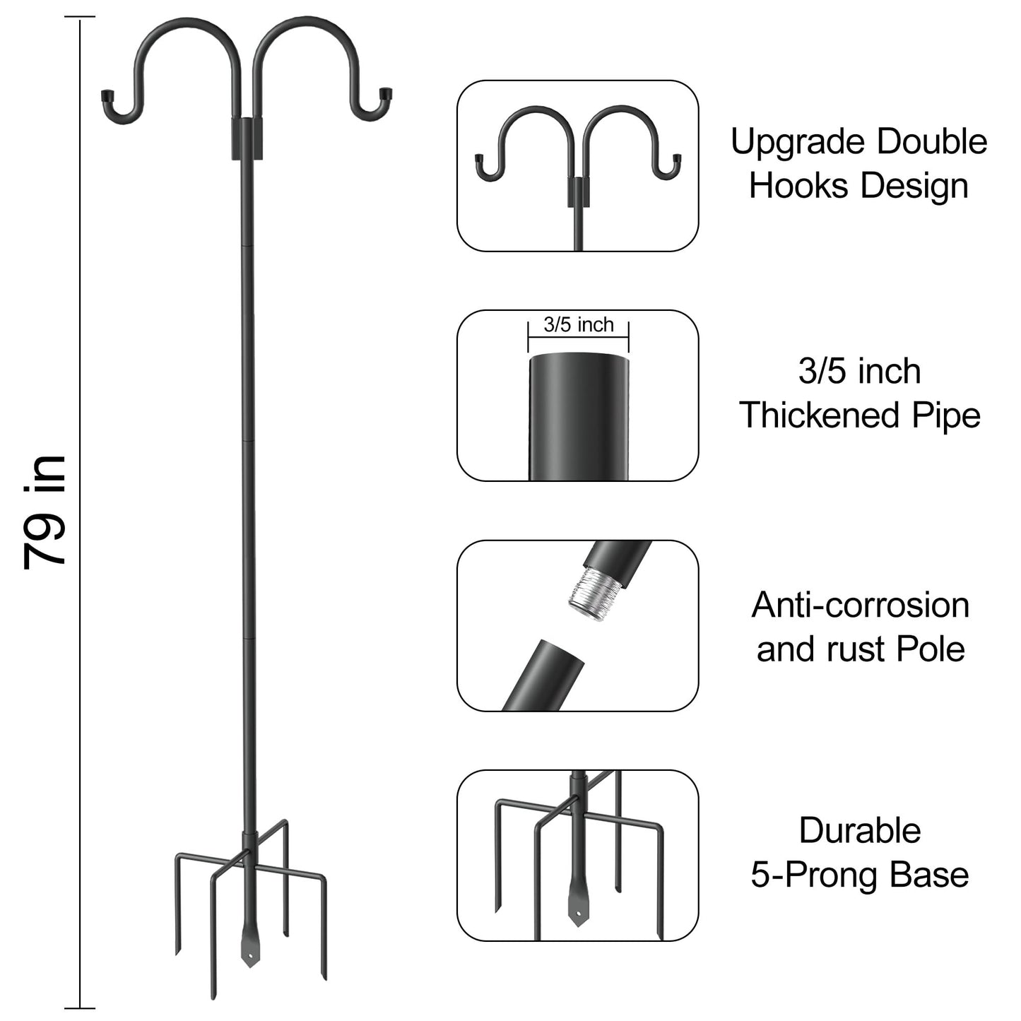 Double Shepherd Hooks for Outdoor, 79 Inch Heavy Duty Bird Feeder Pole for Hanging Bird Feeder, Garden Hooks Plant Baskets, Garden Plant Hanger Stands with 5 Prong Base