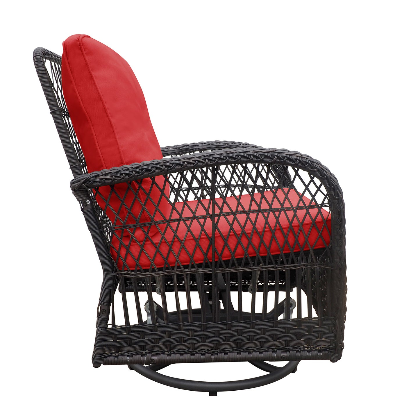 3 Pieces Conversation Set, Outdoor Wicker Rocker Swivel  Patio Bistro Set,  Rocking Chair with Glass Top Side Table,Red