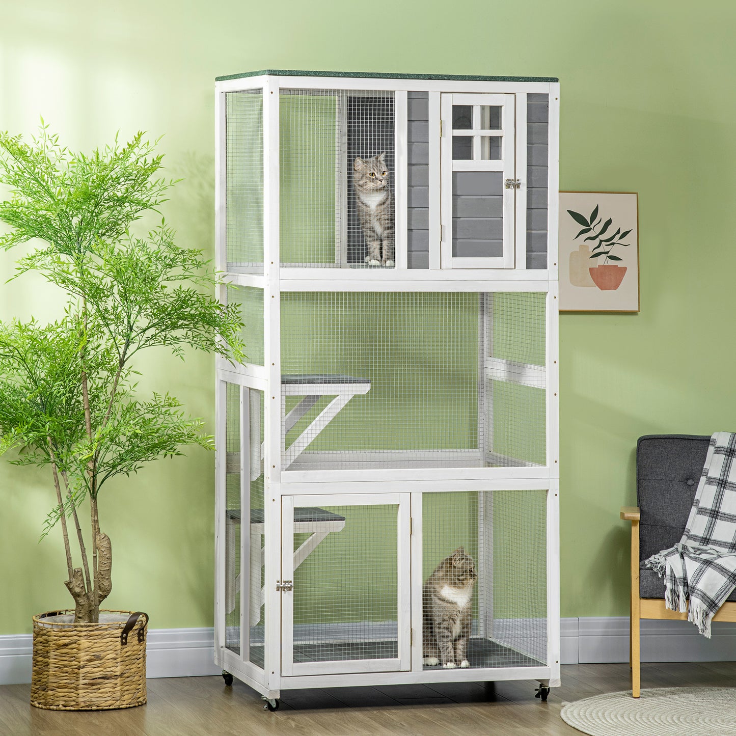 PawHut 74" Wooden Outdoor Cat House Weatherproof & Wheeled, Catio Outdoor Cat Enclosure with High Weight Capacity, Kitten Cage Condo, Gray