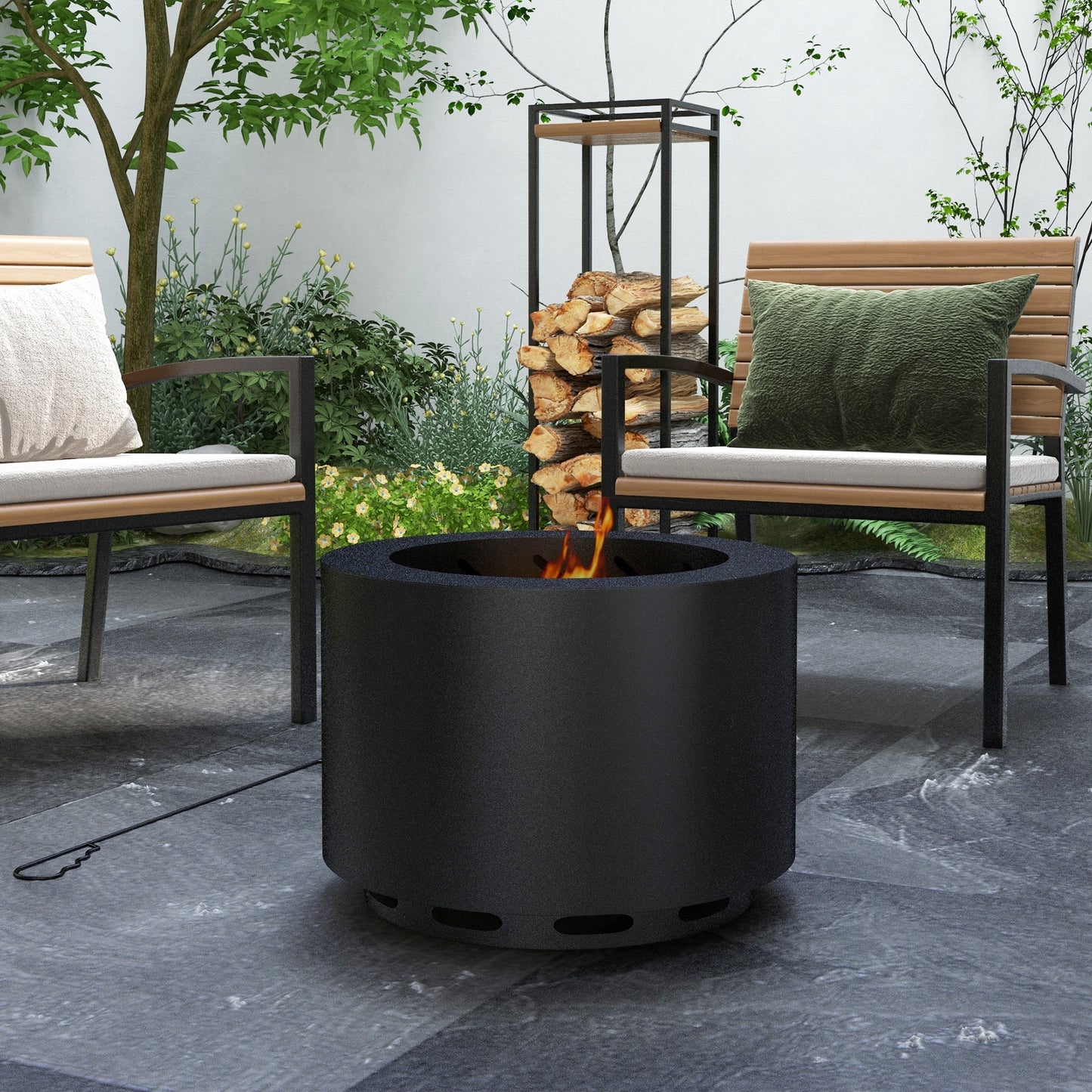 Outsunny Smokeless Fire Pit, 19" Portable Wood Burning Firepit with Poker, Low Smoke Camping Bonfire Stove for Backyard Patio Picnic, Stainless Steel, Black