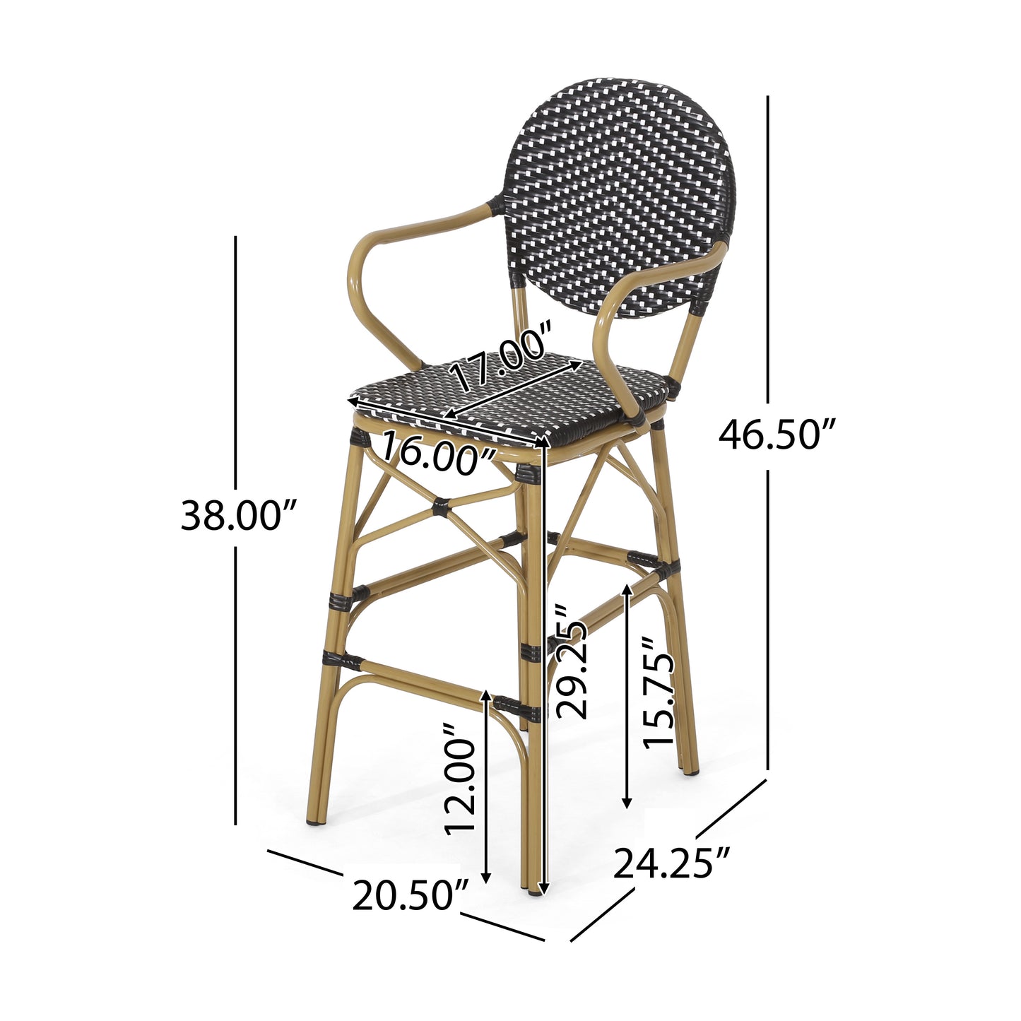 Outdoor Wicker and Aluminum 29.5" French Barstools, Set of 2, Black, Bamboo Print Finish