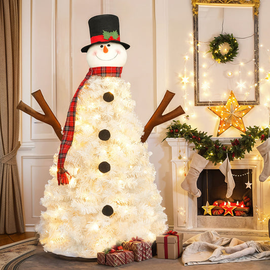 4ft Pre-lit Christmas Tree with 100 Lights, Snowman-Shaped Artificial Christmas Tree,  Xmas Tree with 380 Branch Tips, PVC Festival Celebration Decoration Inside and Outside