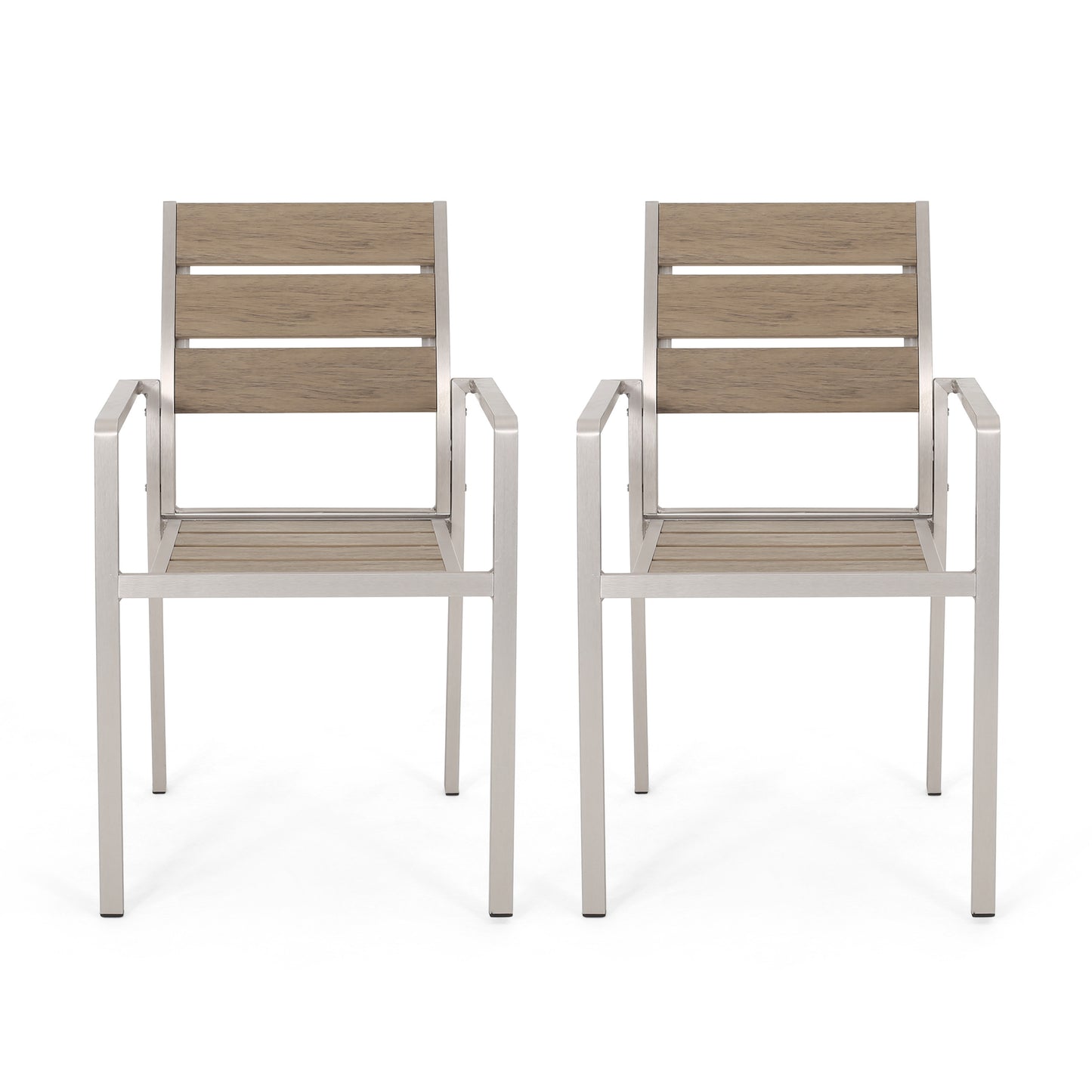 Outdoor Modern Aluminum Dining Chair with Faux Wood Seat (Set of 2), Natural and Silver