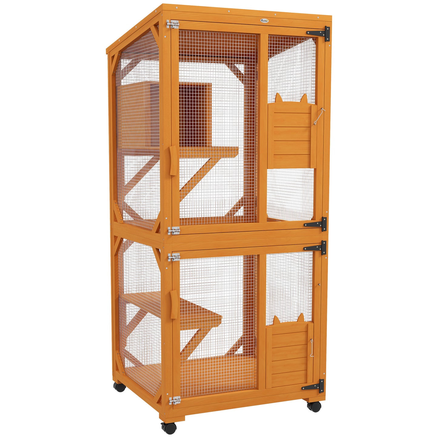 PawHut Large Cat House with High-Up Resting Box, 71" Wooden Catio with Asphalt Roof, Indoor & Outdoor Cat Enclosure on Wheels, for 1-3 Cats, Orange