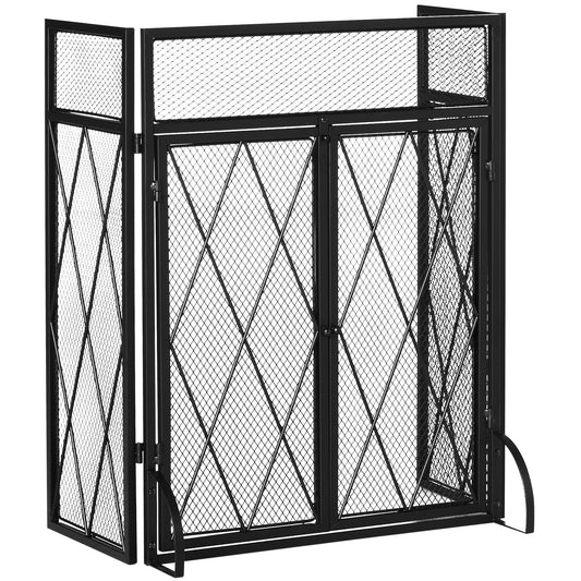 3-Panel Folding Fireplace Screen for Wood Burning with Double Doors, Home Heavy Duty Steel Fire Spark Guard, 47.25" x 31", Black