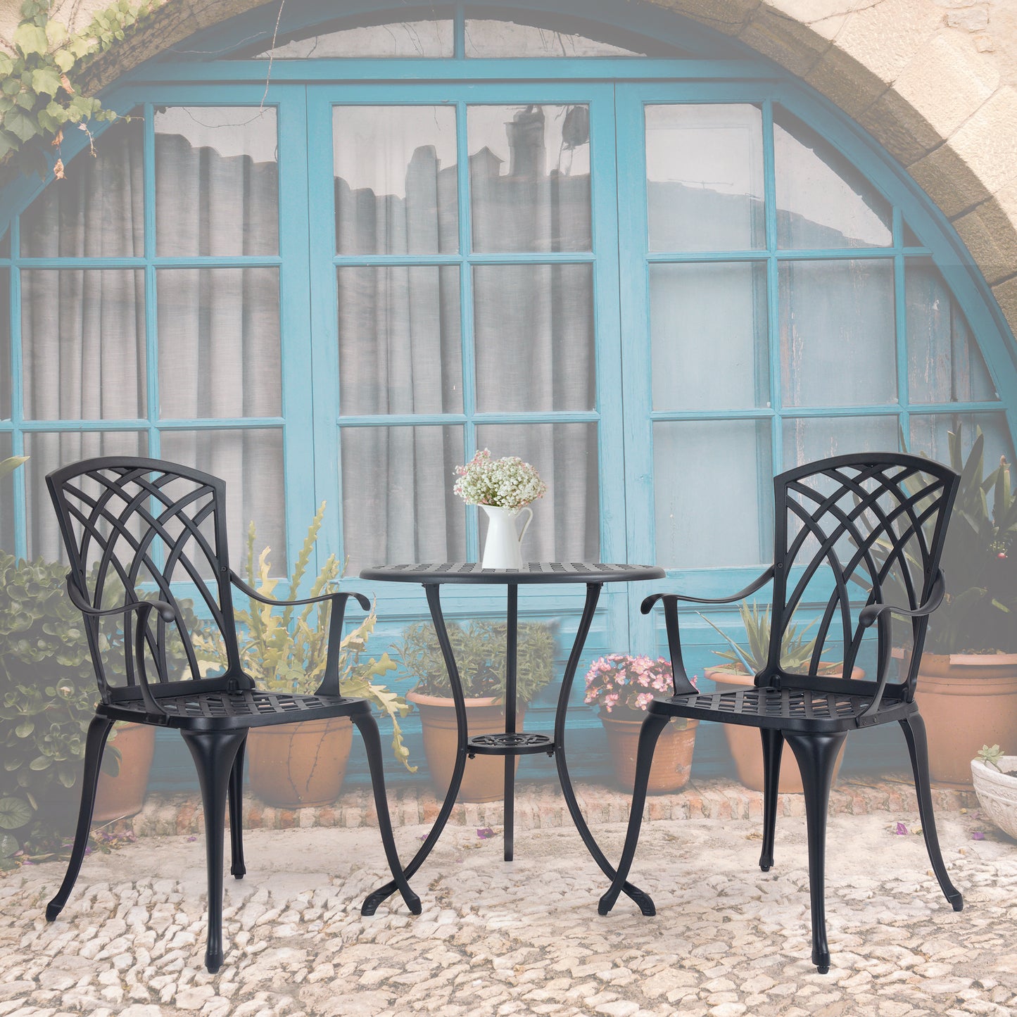 3 Piece Bistro Table Set Cast Aluminum Outdoor Patio Furniture with Umbrella Hole  Patio Balcony, Black