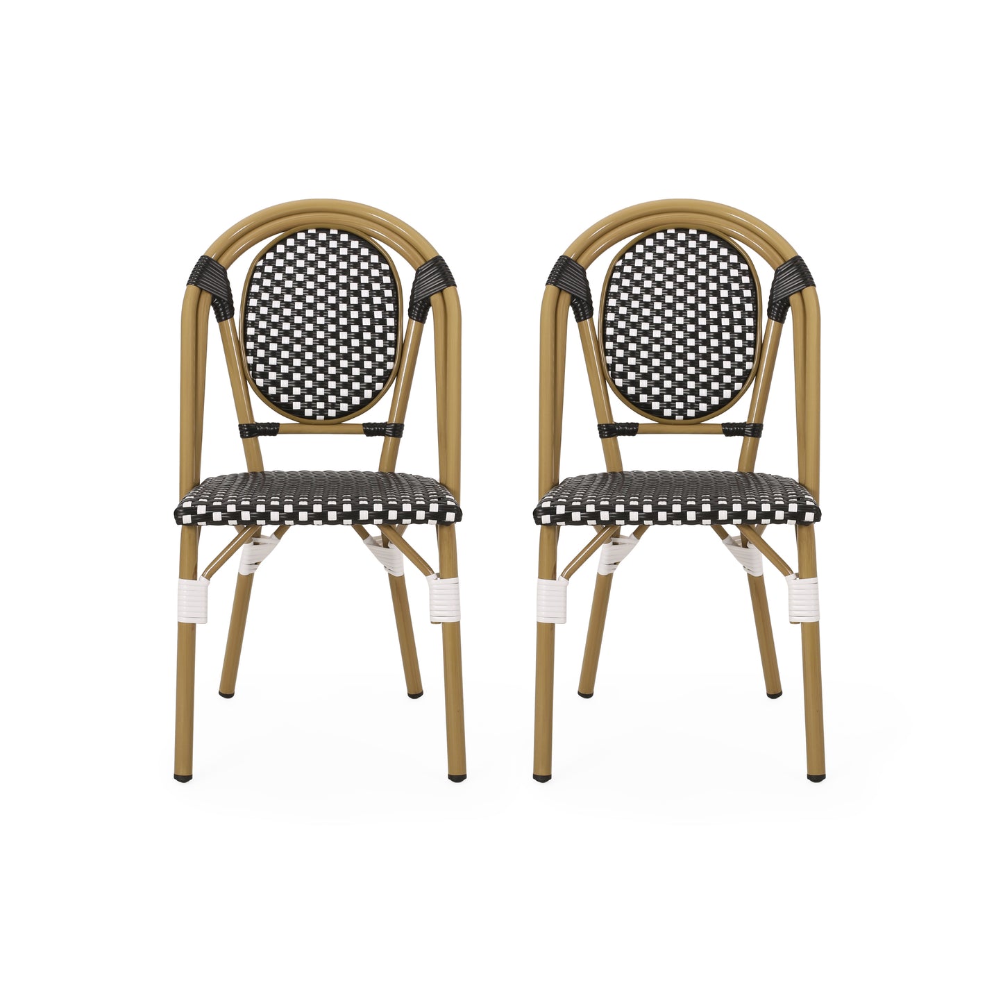 Outdoor PE Ratten and Aluminum French Bistro Chair, Set of 2, Black & White, Bamboo Print Finish