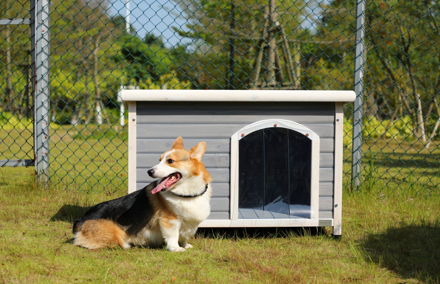 Medium Wooden Outdoor Dog House, Waterproof Roof, Elevated Floor, Adjustable Plastic Feet, Grey