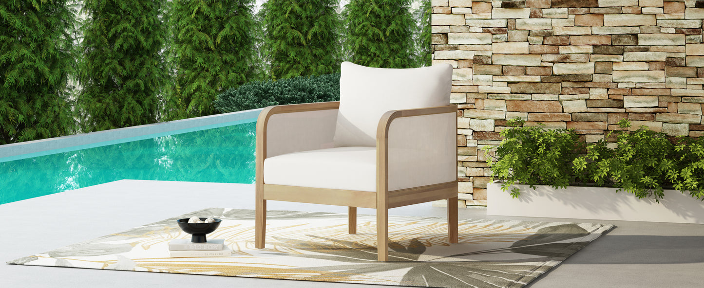 Outdoor Acacia Wood Patio Club Chair, Textilene Patio Furniture,Waterproof Thick Cushion Deep Seating for Porch, Garden, Backyard, Balcony, Weight Capacity 400lbs, Light Teak Finish, Beige