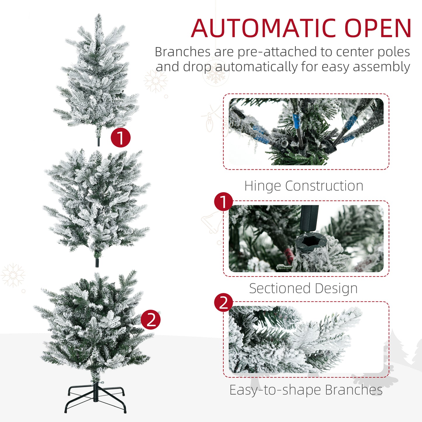 HOMCOM 6ft Tall Flocked Artificial Christmas Tree Holiday Décor with 477 Snow Branches, Auto Open, Steel Base, Green