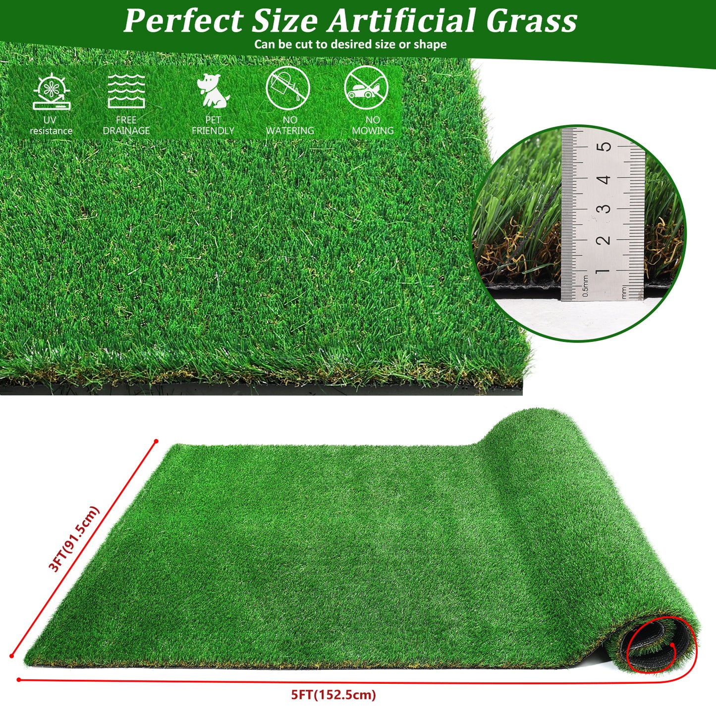 3FTX5FT Outdoor Artificial Grass Runner Rug, Thick Realistic Fake Grass Roll Decor Patio Balcony Garden Lawn, Dog Pets Turf Drain Mat, 1.38" Pile Height