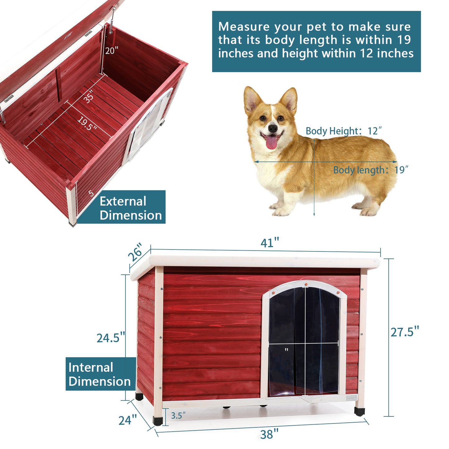 Medium Wooden Outdoor Dog House, Waterproof Roof, Elevated Floor, Adjustable Plastic Feet, Red