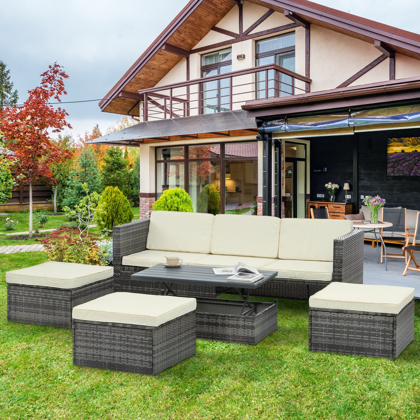 Patio Furniture, Outdoor Furniture, Seasonal PE Wicker Furniture,5 Set Wicker Furniture With Plywood Coffee Table,with lift TOP Coffee Table,with Lounger Sofa