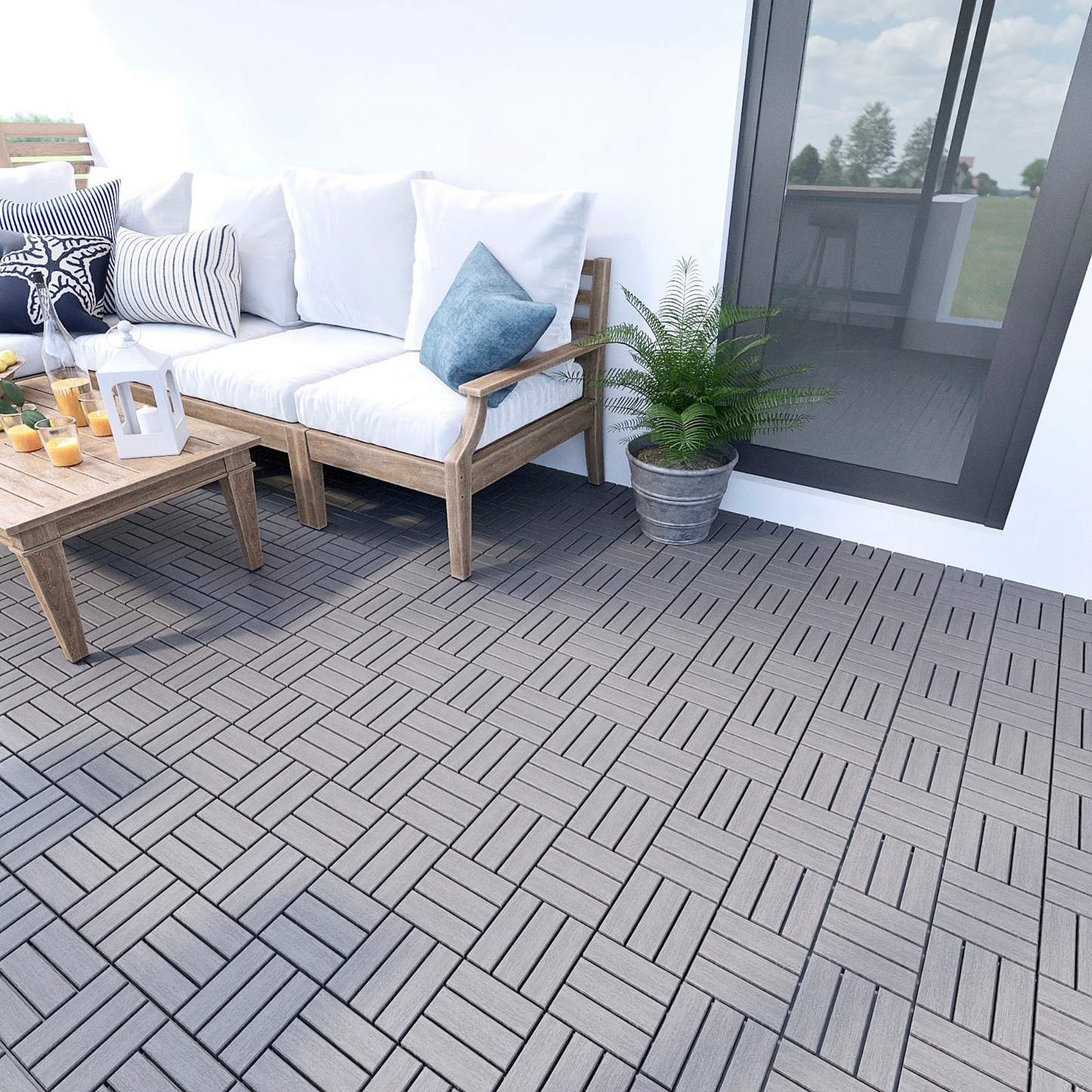 10 PCS Interlocking Deck Tiles Checker Pattern, 12" x 12" Light Gray Square Acacia Hardwood Outdoor Flooring for Patio, Bancony, Pool Side,...