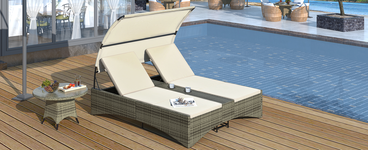 Patio Daybed Outdoor Daybed Outdoor Rattan Sun Lounger with Shelter Roof with Adjustable Backrest, Storage Box and 2 Cup Holders for Patio, Balcony, Poolside,Cream