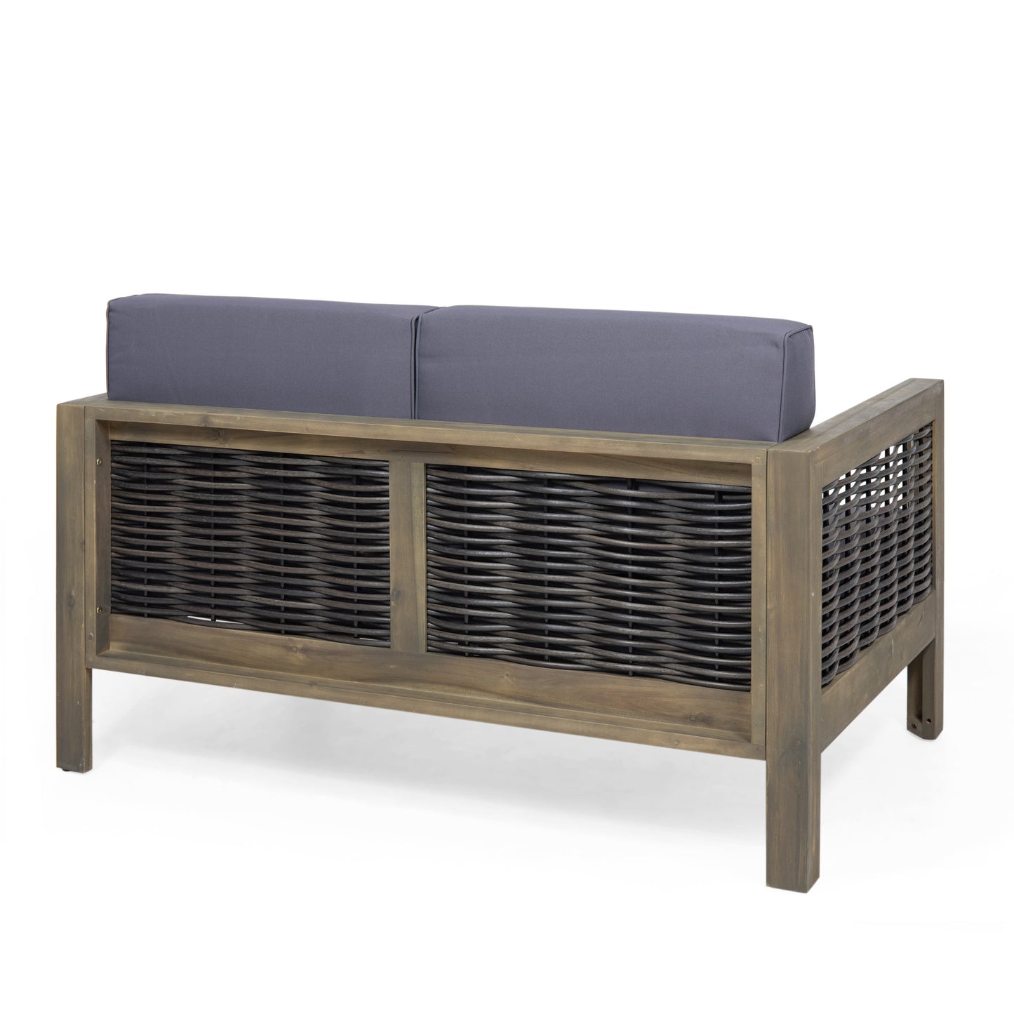 Outdoor 4 Seater Acacia Wood Chat Set with Wicker Accents and Cushions, Gray + Mixed Gray + Dark Gray